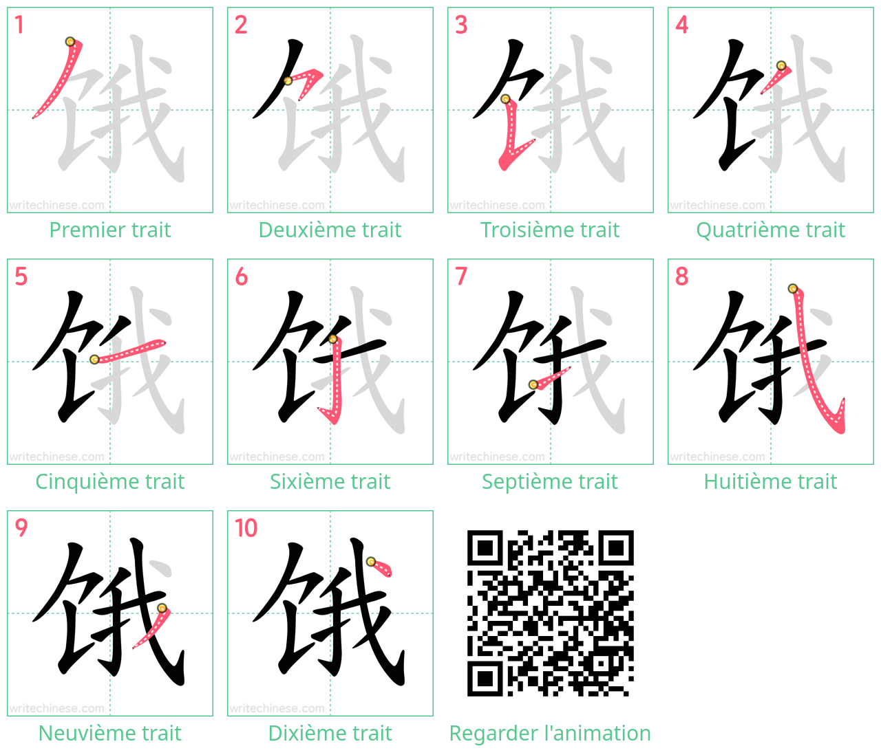 Diagrammes d'ordre des traits étape par étape pour le caractère 饿