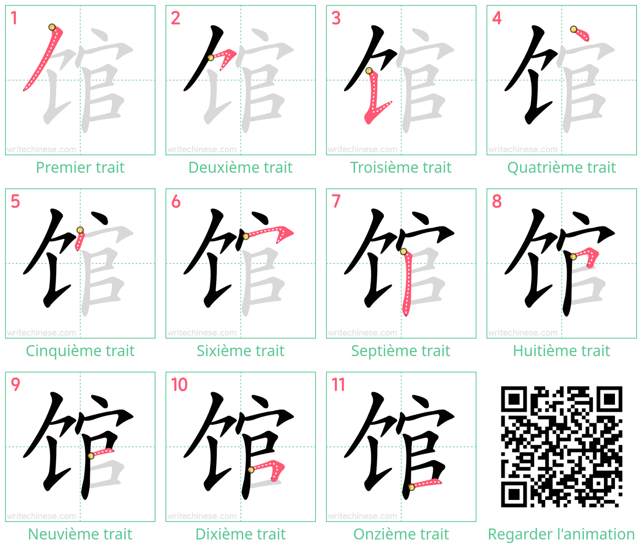 Diagrammes d'ordre des traits étape par étape pour le caractère 馆