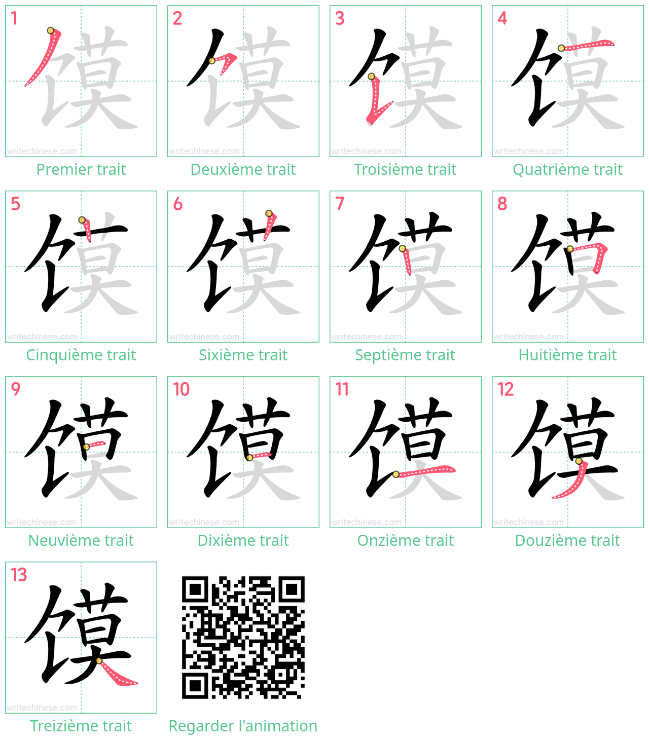 Diagrammes d'ordre des traits étape par étape pour le caractère 馍