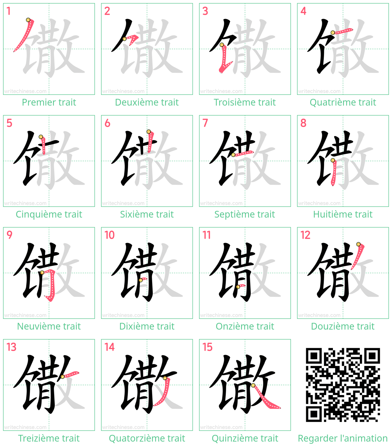 Diagrammes d'ordre des traits étape par étape pour le caractère 馓