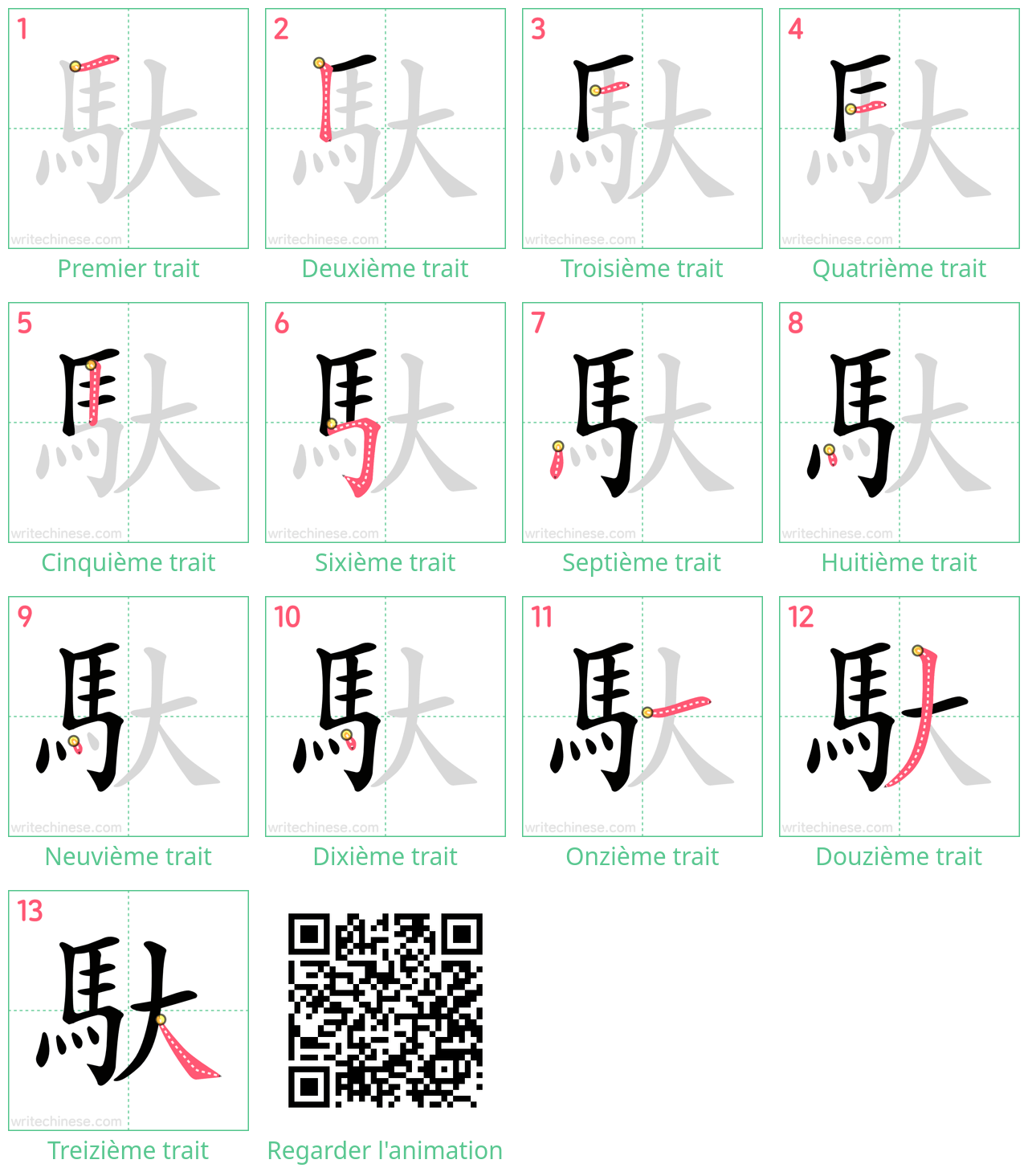 Diagrammes d'ordre des traits étape par étape pour le caractère 馱