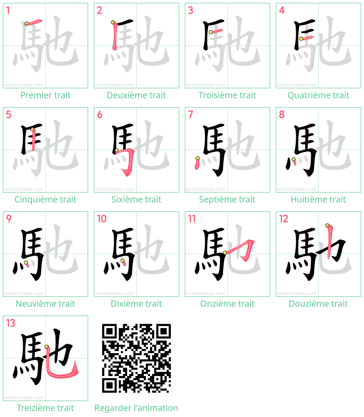 Diagrammes d'ordre des traits étape par étape pour le caractère 馳