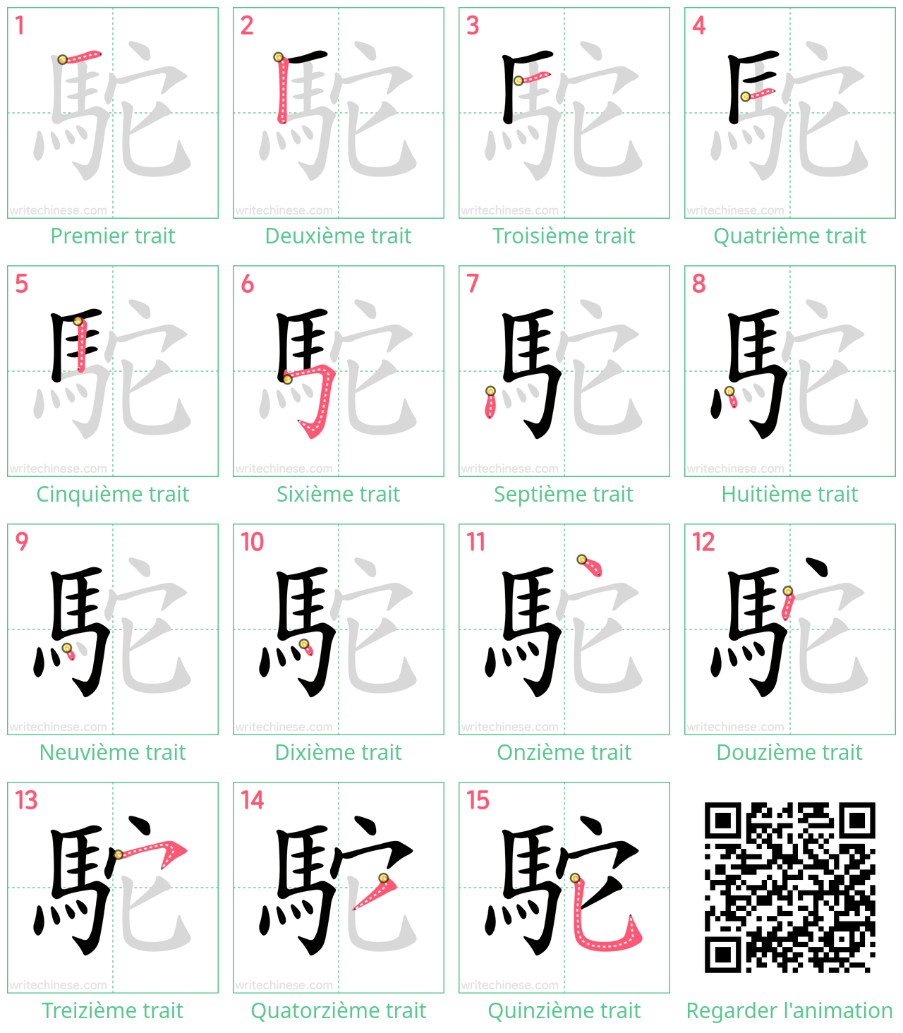 Diagrammes d'ordre des traits étape par étape pour le caractère 駝