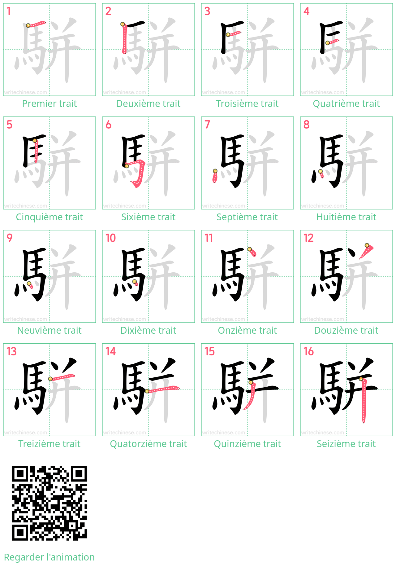 Diagrammes d'ordre des traits étape par étape pour le caractère 駢