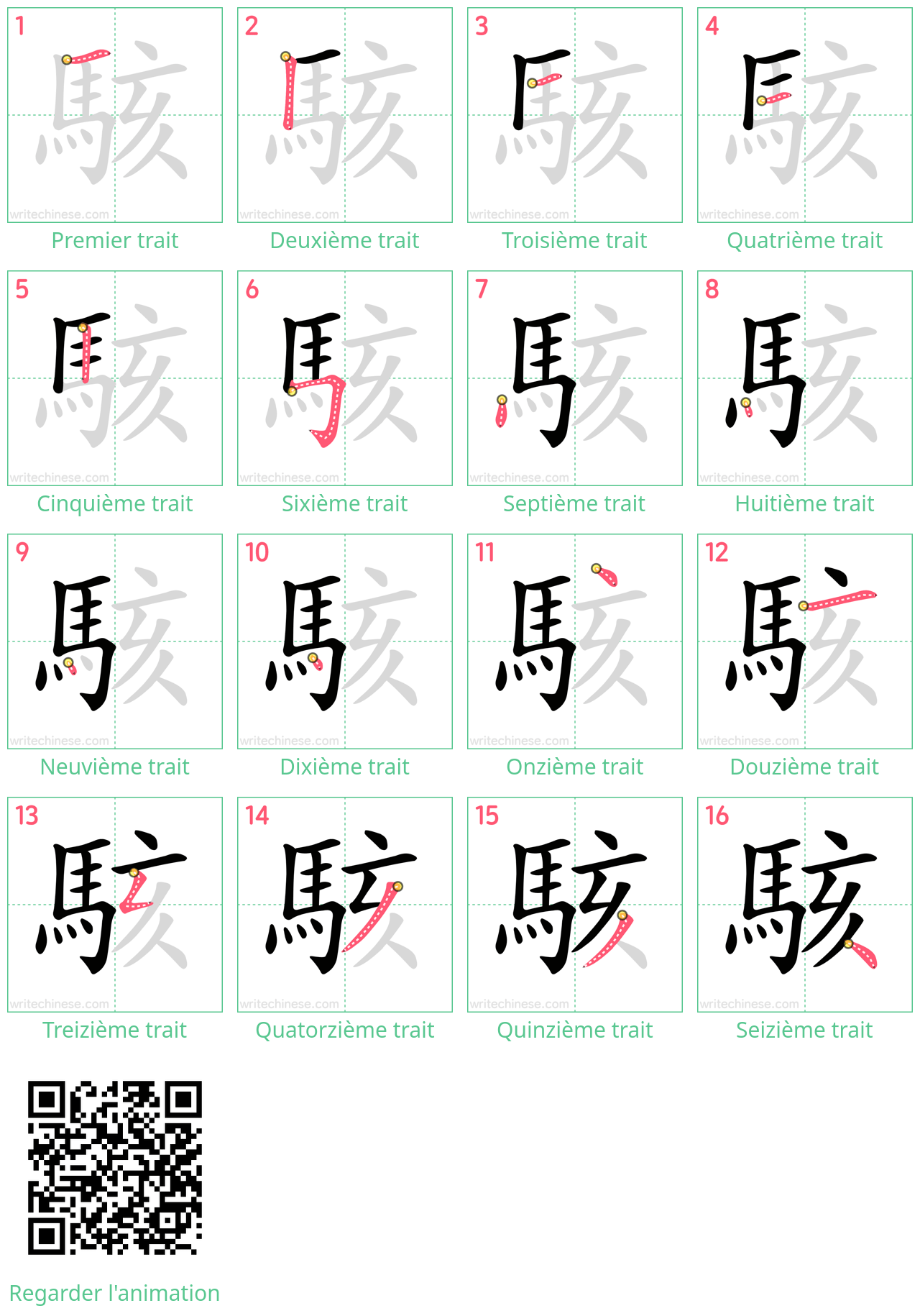 Diagrammes d'ordre des traits étape par étape pour le caractère 駭