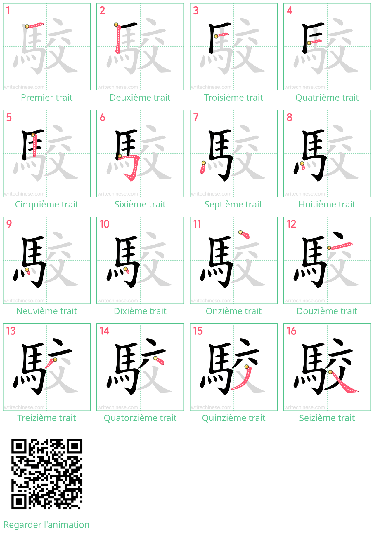 Diagrammes d'ordre des traits étape par étape pour le caractère 駮