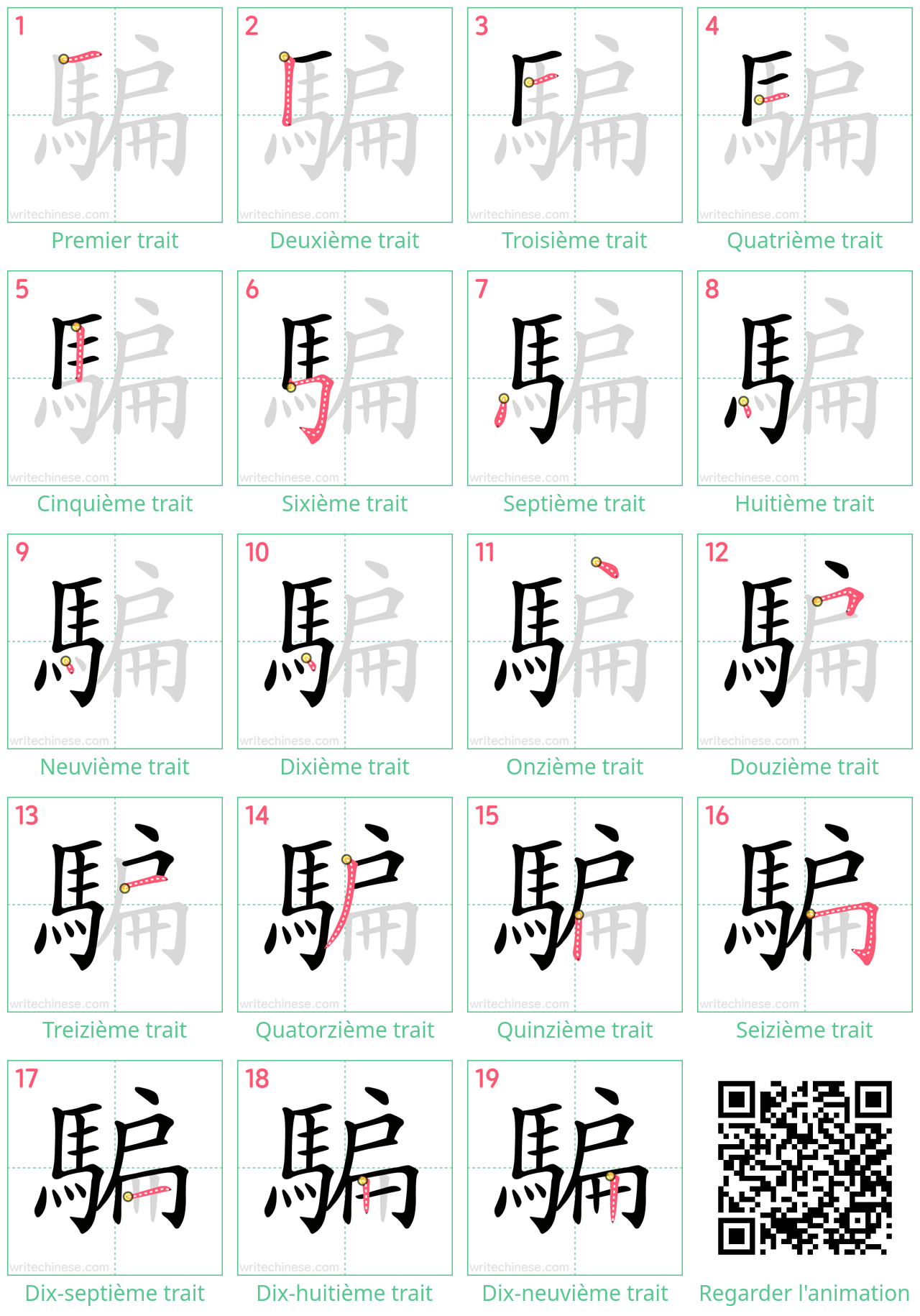 Diagrammes d'ordre des traits étape par étape pour le caractère 騙