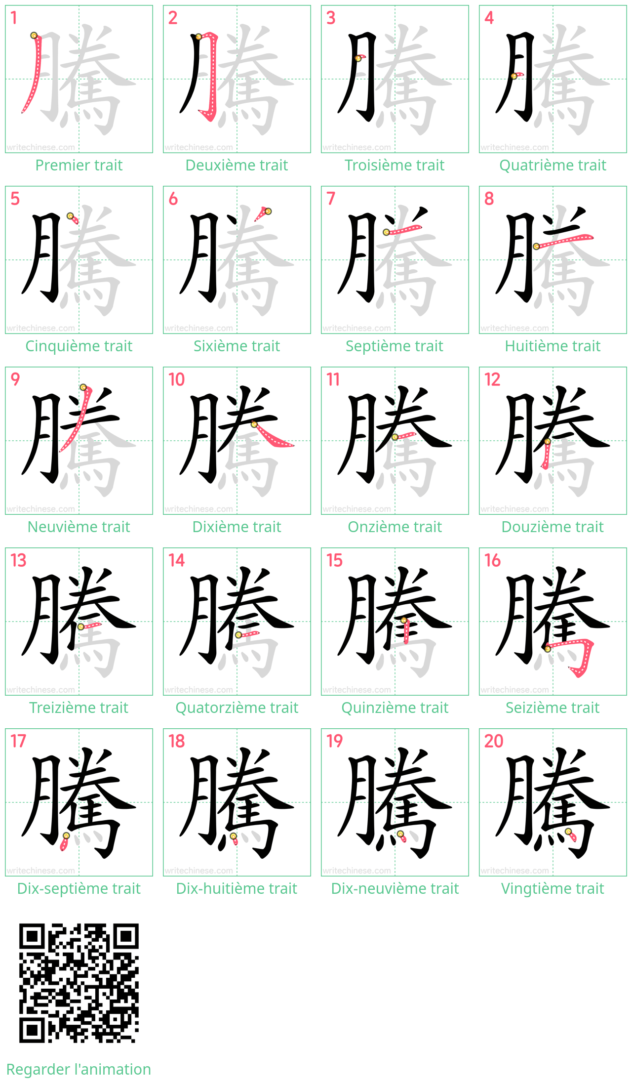 Diagrammes d'ordre des traits étape par étape pour le caractère 騰