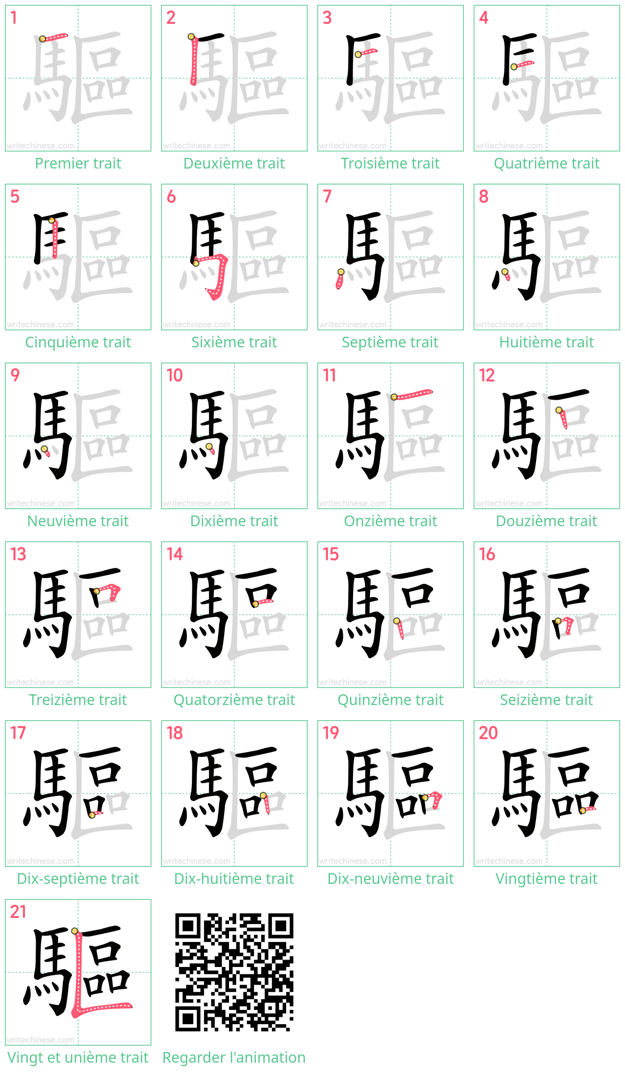 Diagrammes d'ordre des traits étape par étape pour le caractère 驅