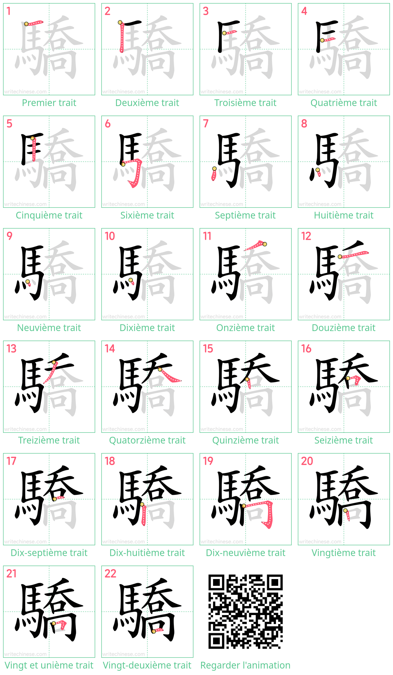 Diagrammes d'ordre des traits étape par étape pour le caractère 驕