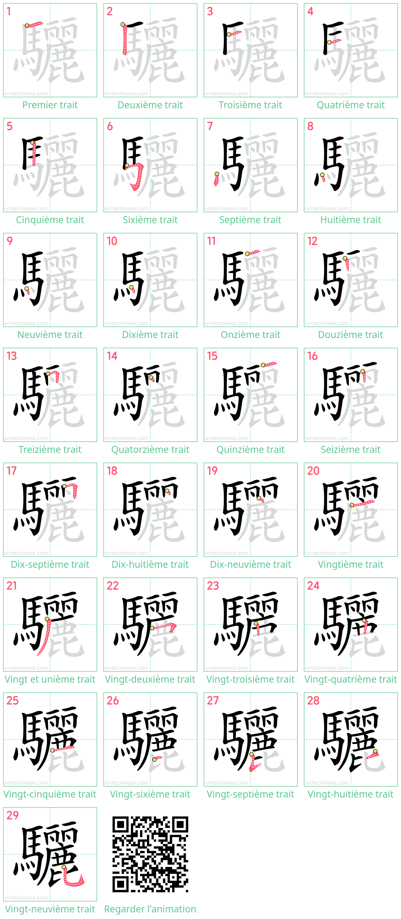 Diagrammes d'ordre des traits étape par étape pour le caractère 驪