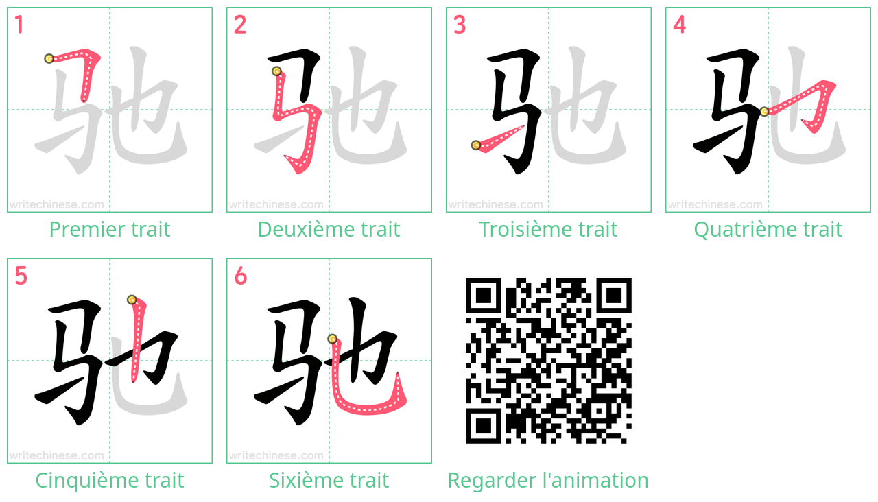 Diagrammes d'ordre des traits étape par étape pour le caractère 驰