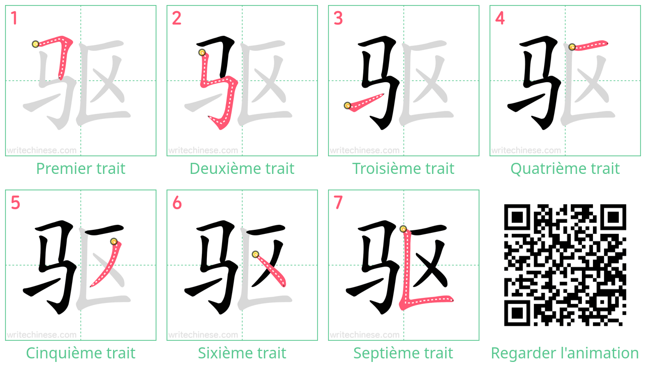 Diagrammes d'ordre des traits étape par étape pour le caractère 驱