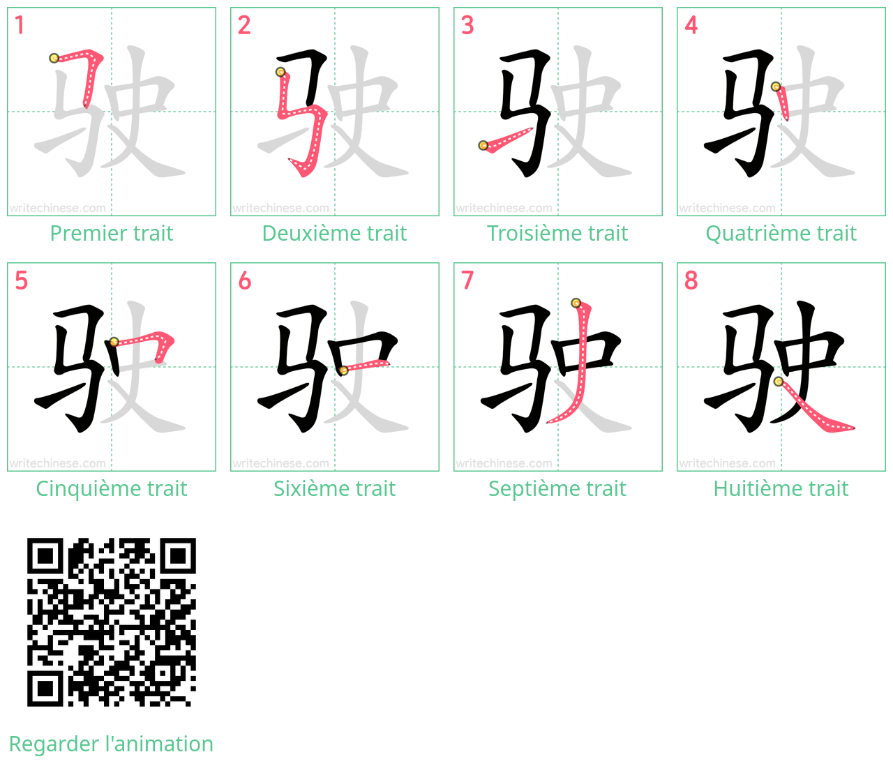 Diagrammes d'ordre des traits étape par étape pour le caractère 驶