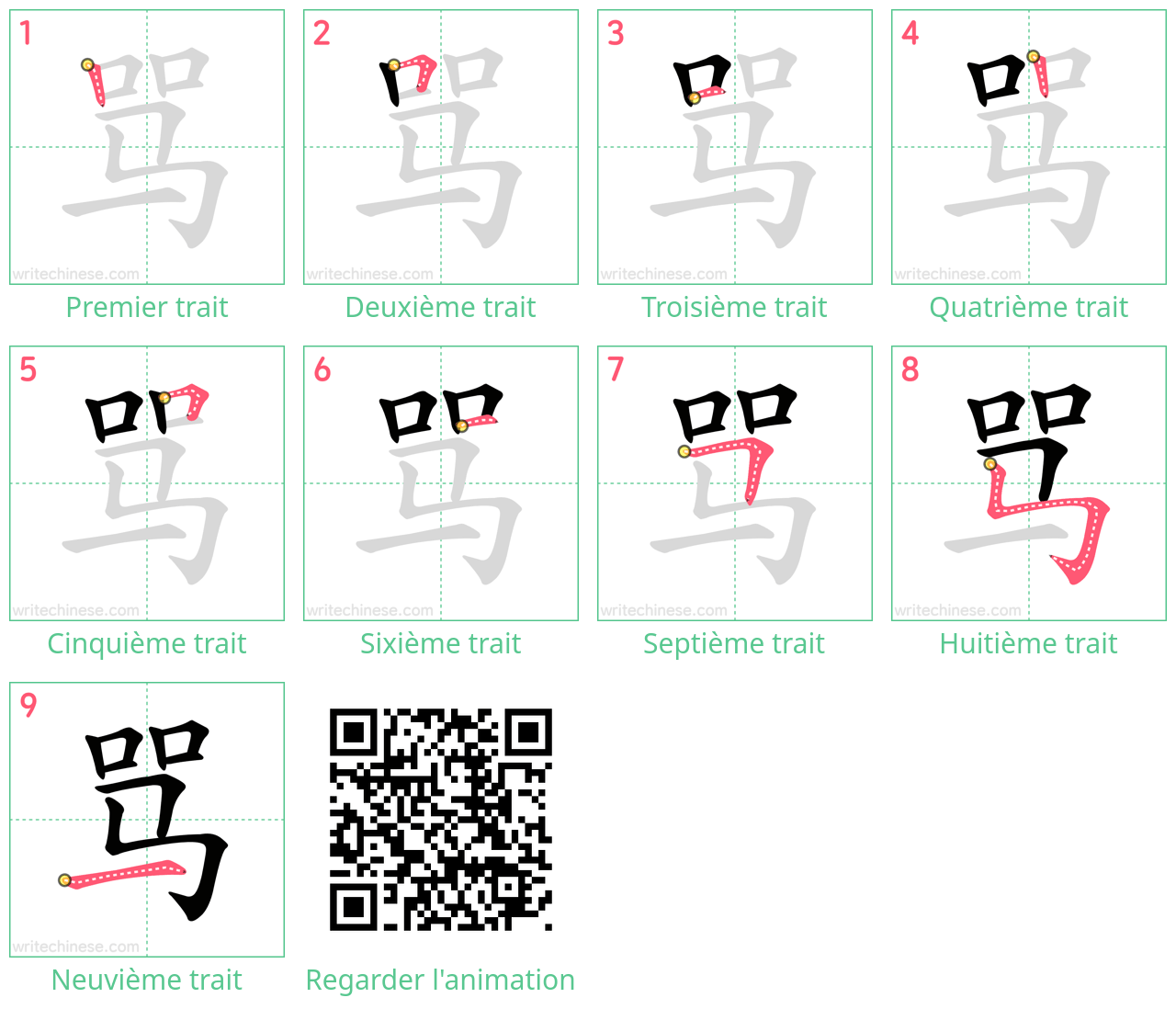 Diagrammes d'ordre des traits étape par étape pour le caractère 骂