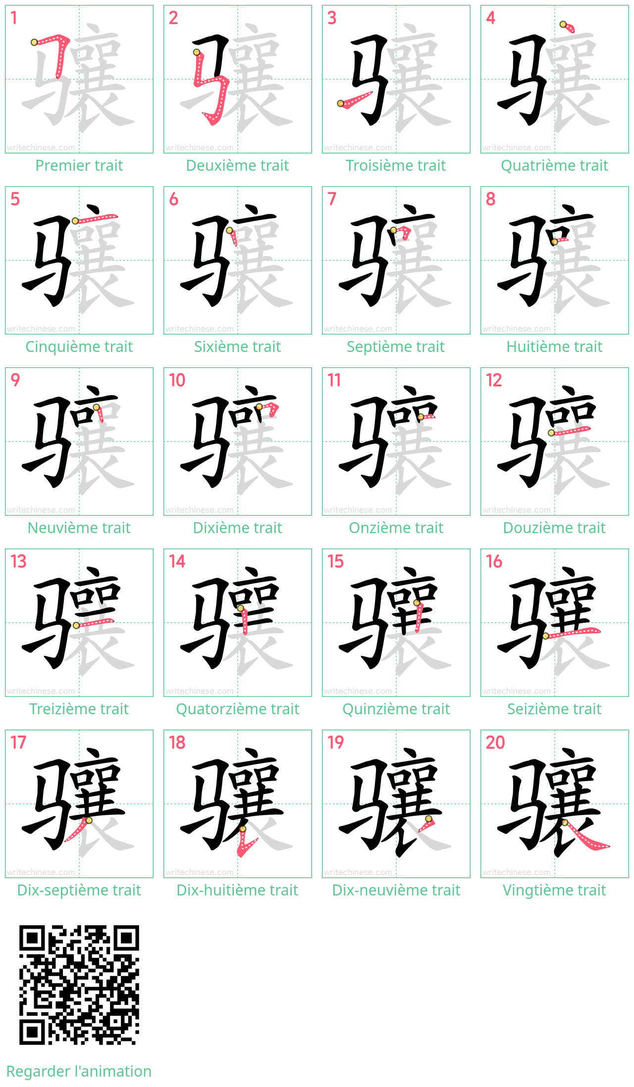 Diagrammes d'ordre des traits étape par étape pour le caractère 骧
