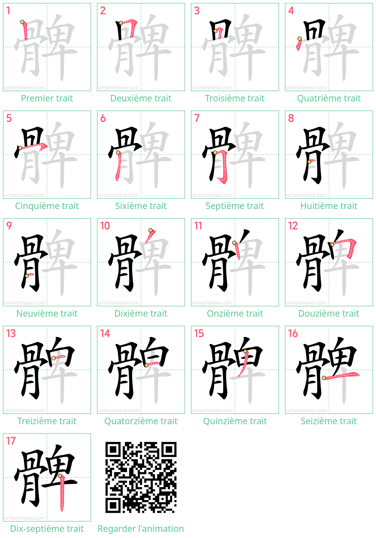 Diagrammes d'ordre des traits étape par étape pour le caractère 髀