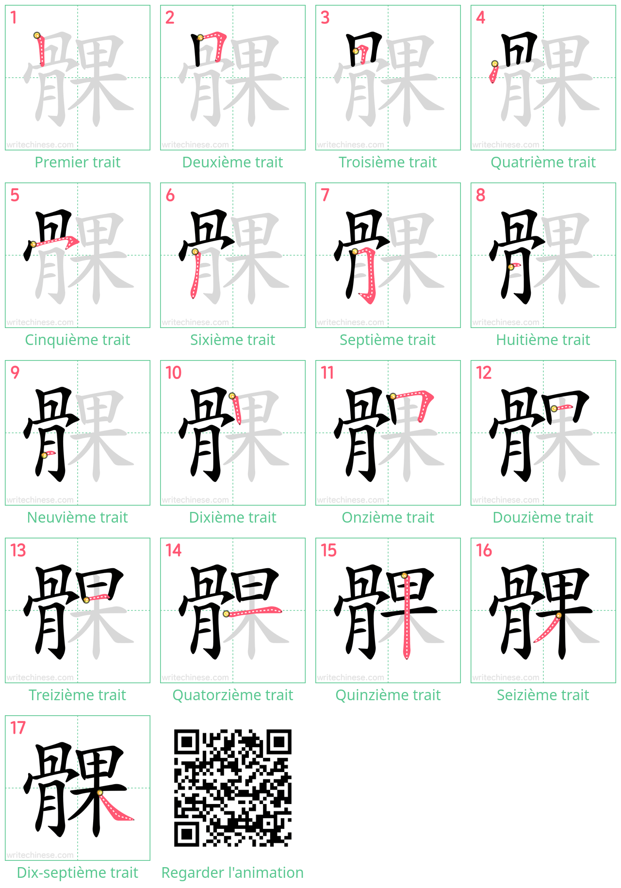 Diagrammes d'ordre des traits étape par étape pour le caractère 髁