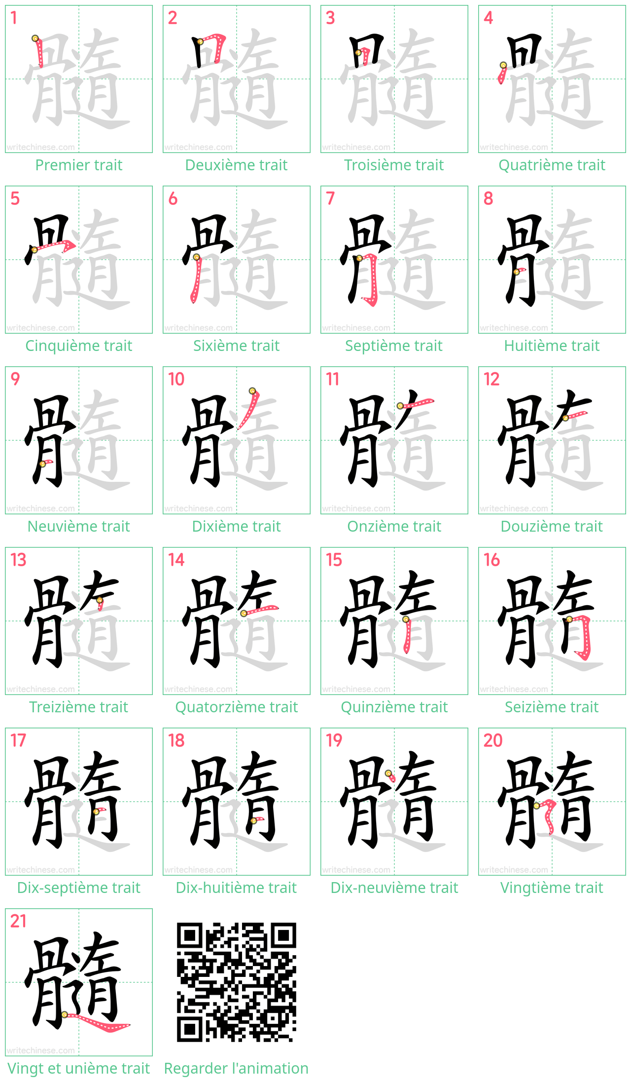 Diagrammes d'ordre des traits étape par étape pour le caractère 髓