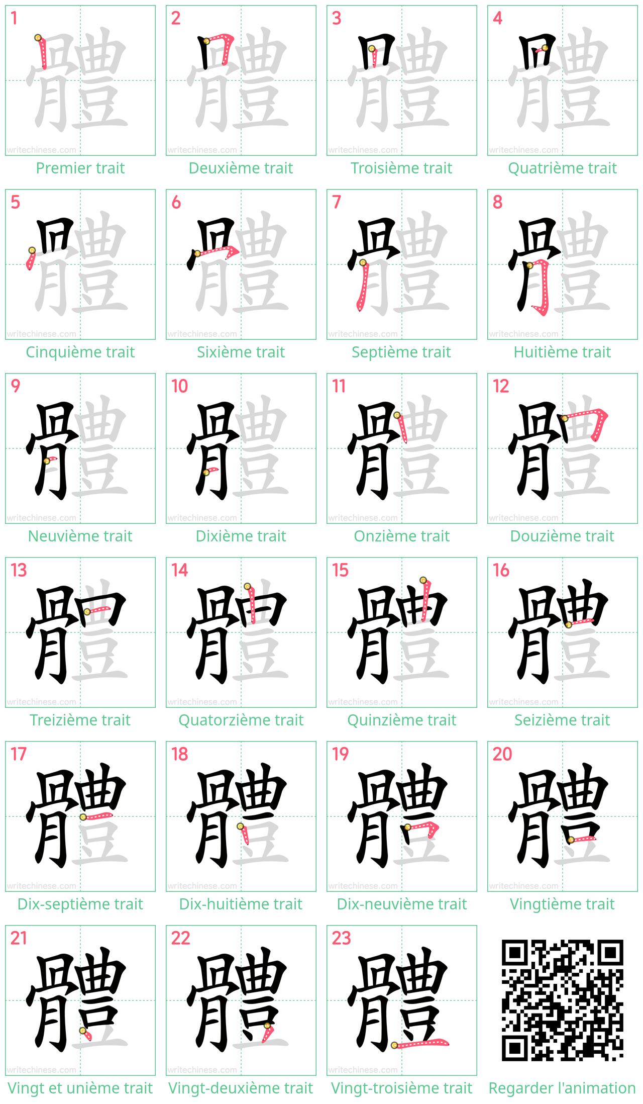 Diagrammes d'ordre des traits étape par étape pour le caractère 體