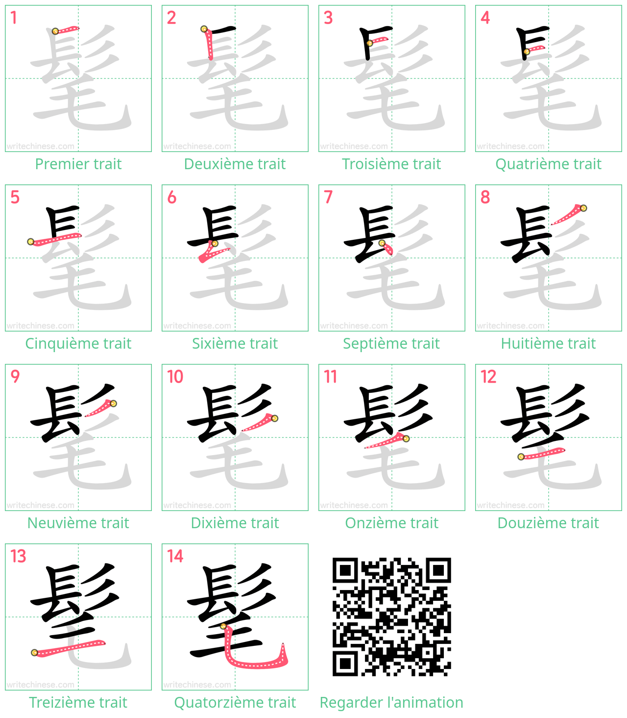 Diagrammes d'ordre des traits étape par étape pour le caractère 髦