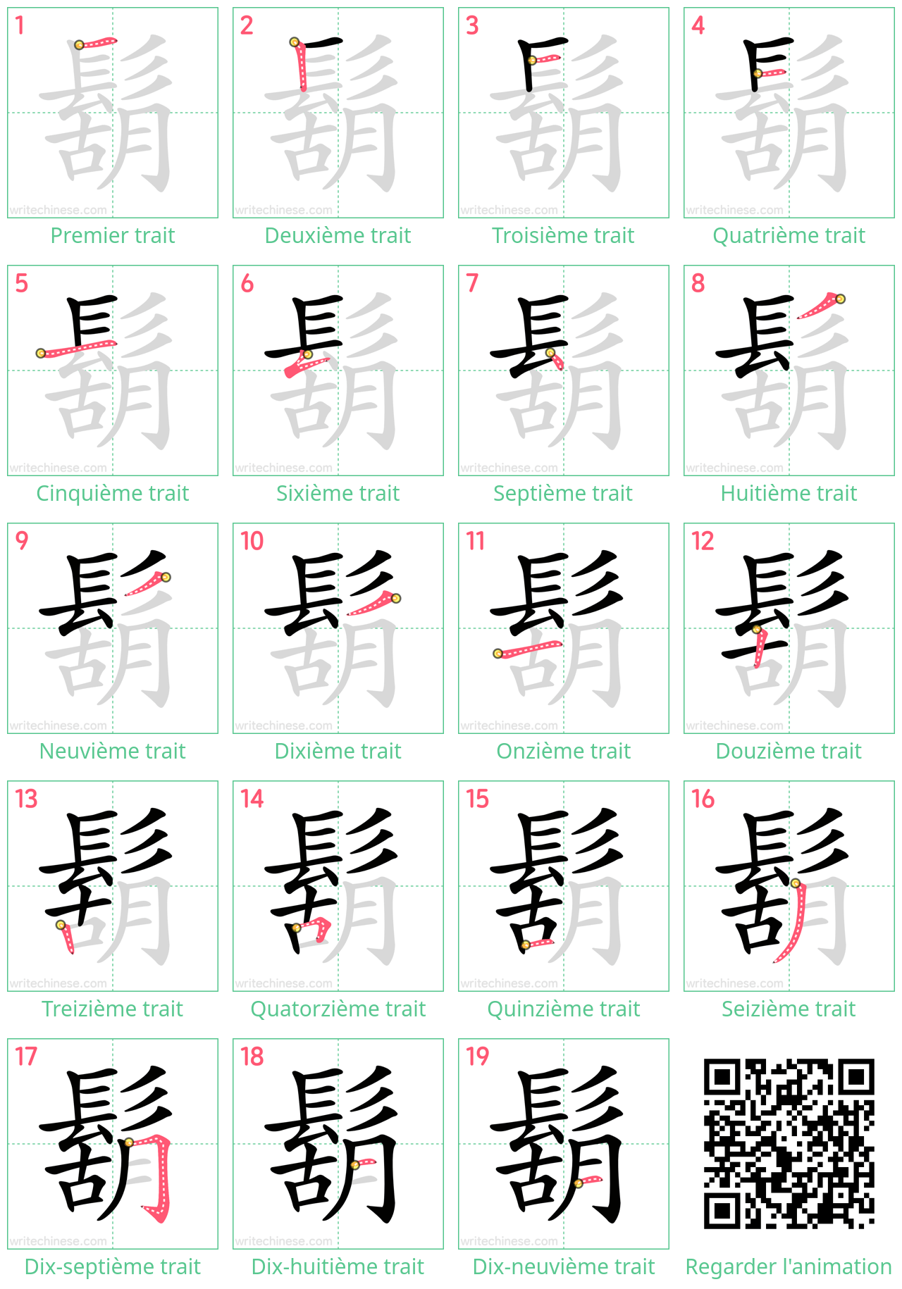 Diagrammes d'ordre des traits étape par étape pour le caractère 鬍