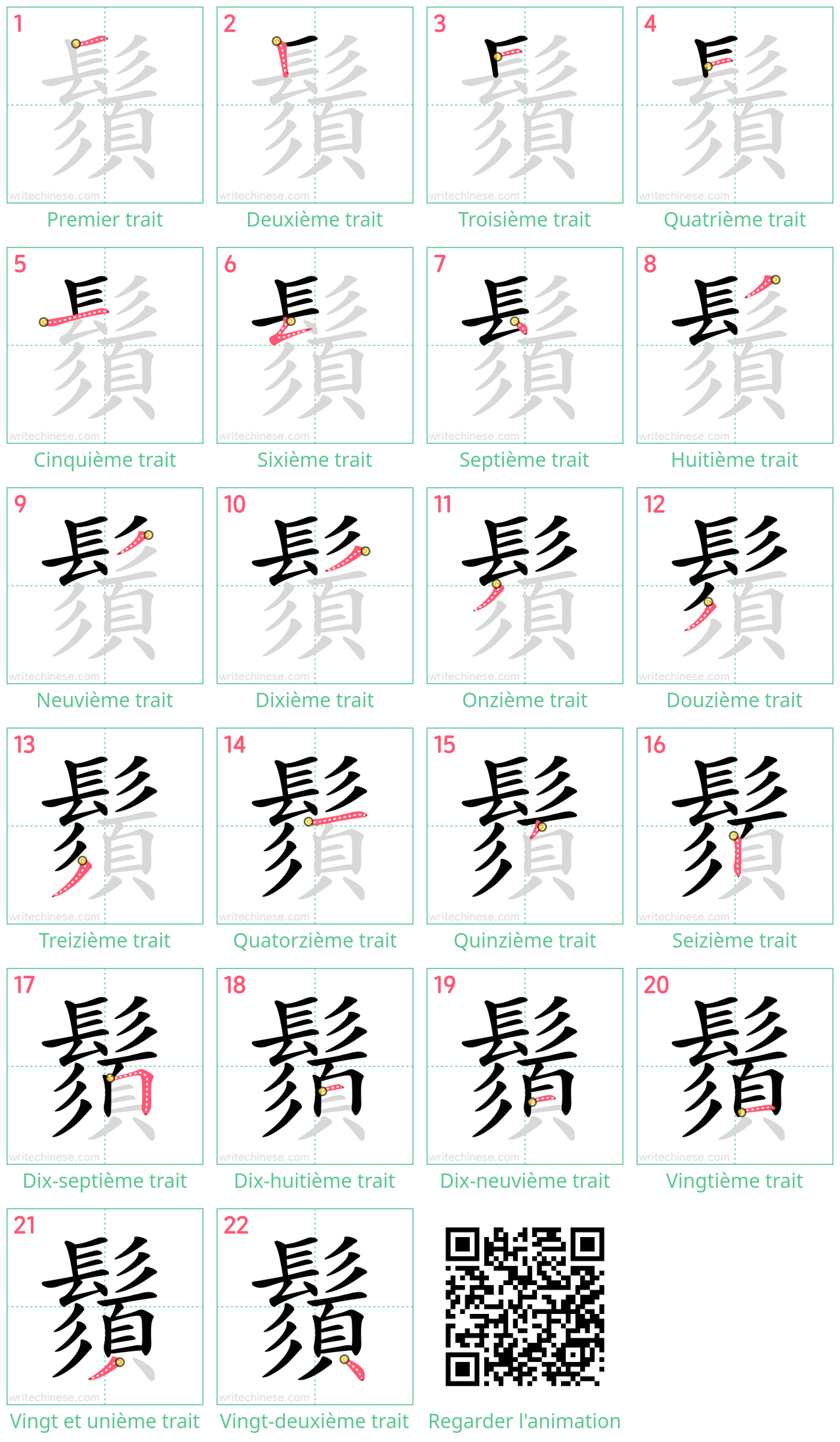 Diagrammes d'ordre des traits étape par étape pour le caractère 鬚