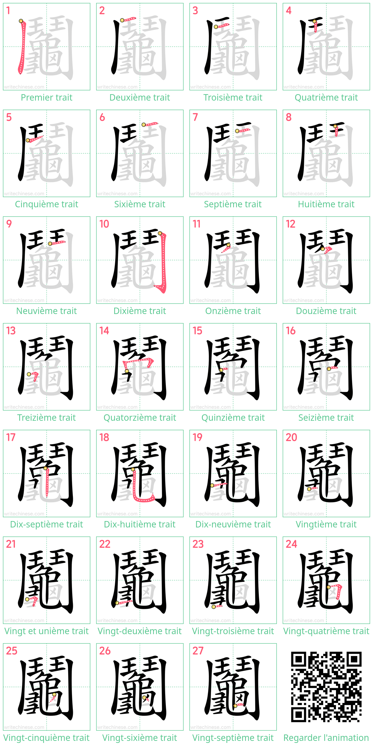 Diagrammes d'ordre des traits étape par étape pour le caractère 鬮