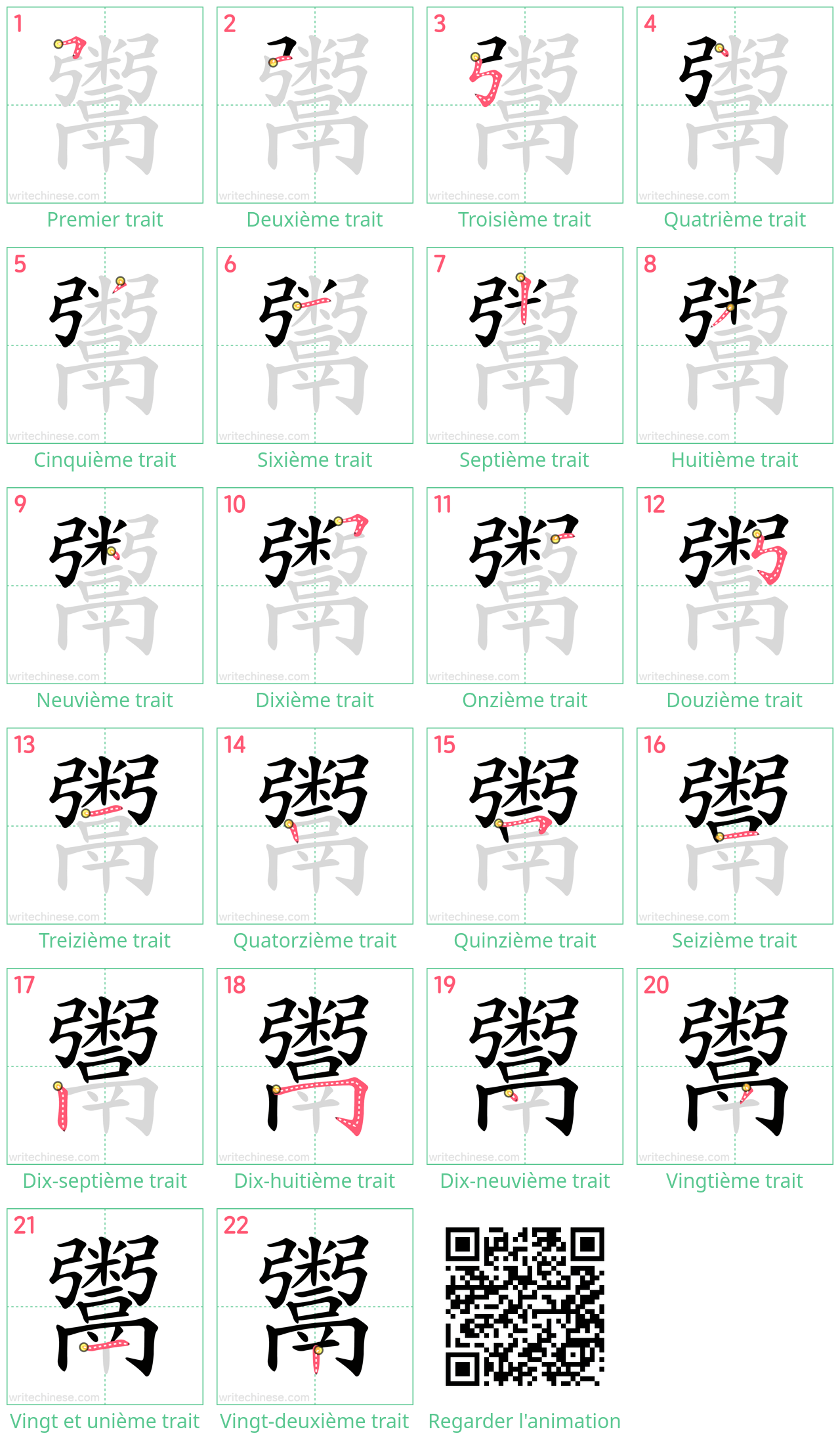 Diagrammes d'ordre des traits étape par étape pour le caractère 鬻