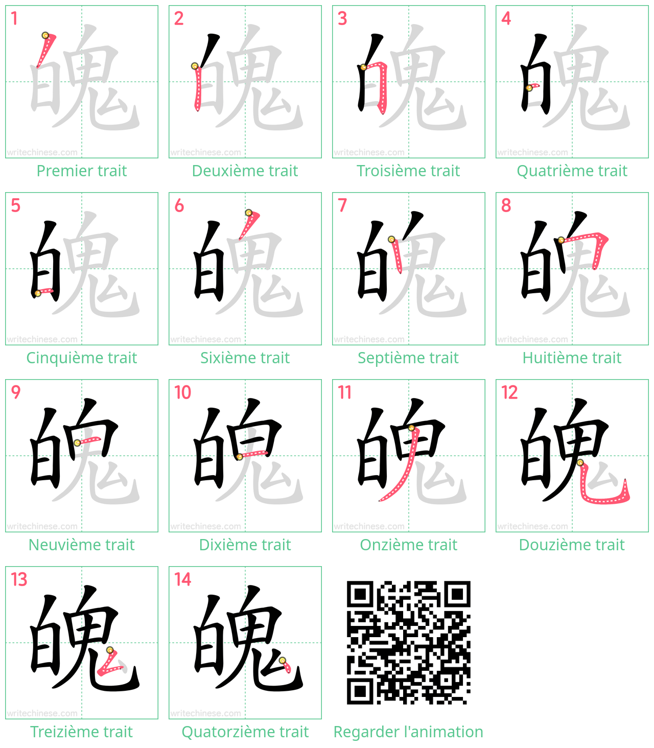 Diagrammes d'ordre des traits étape par étape pour le caractère 魄