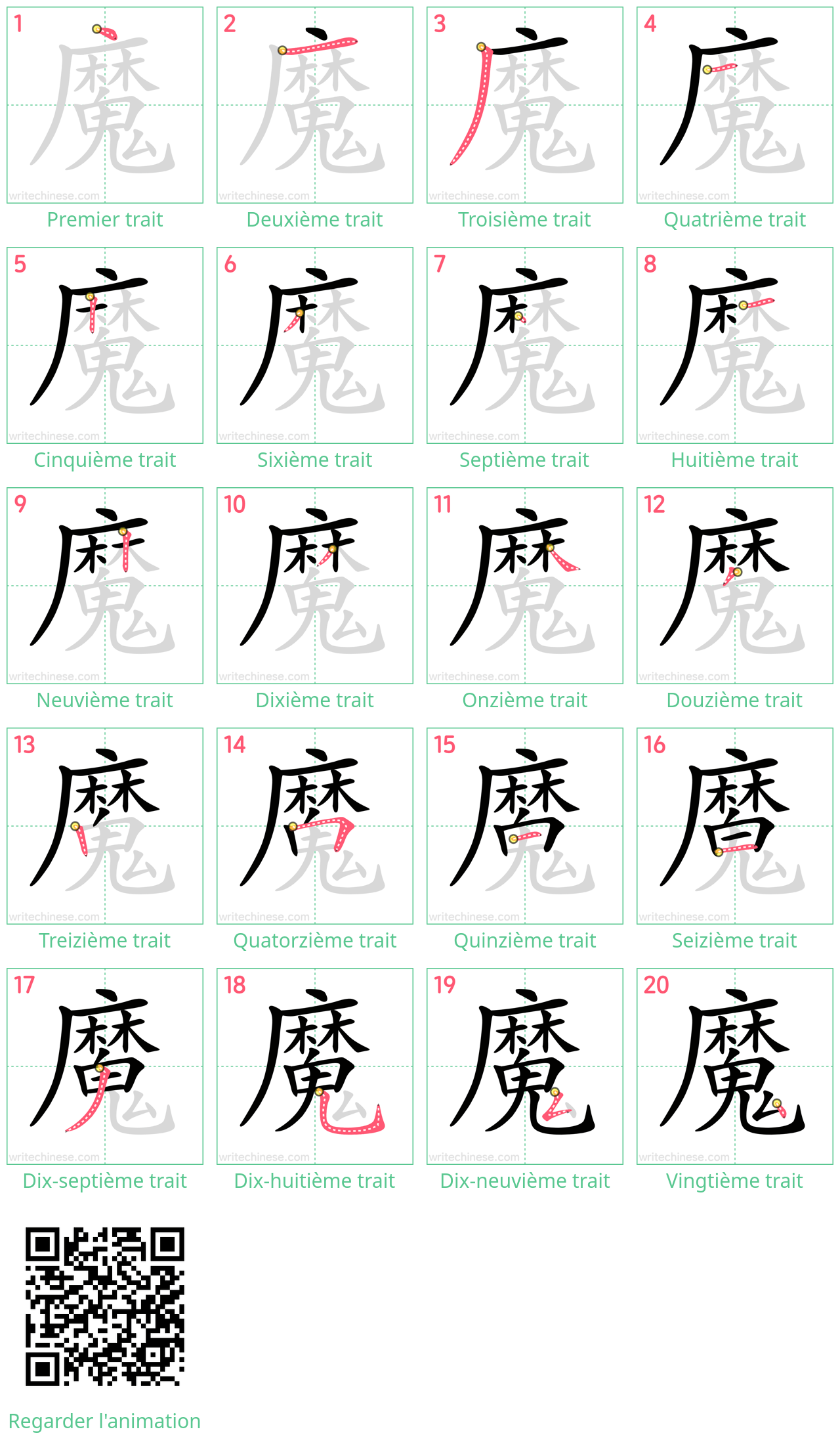 Diagrammes d'ordre des traits étape par étape pour le caractère 魔