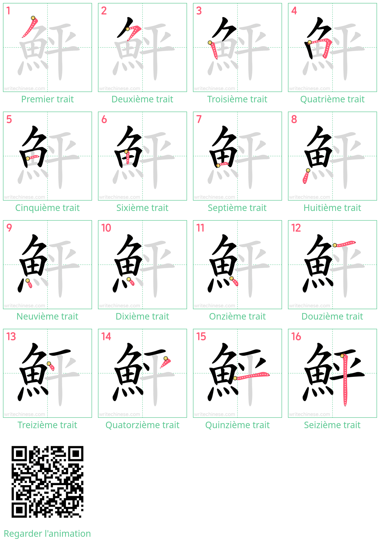 Diagrammes d'ordre des traits étape par étape pour le caractère 鮃