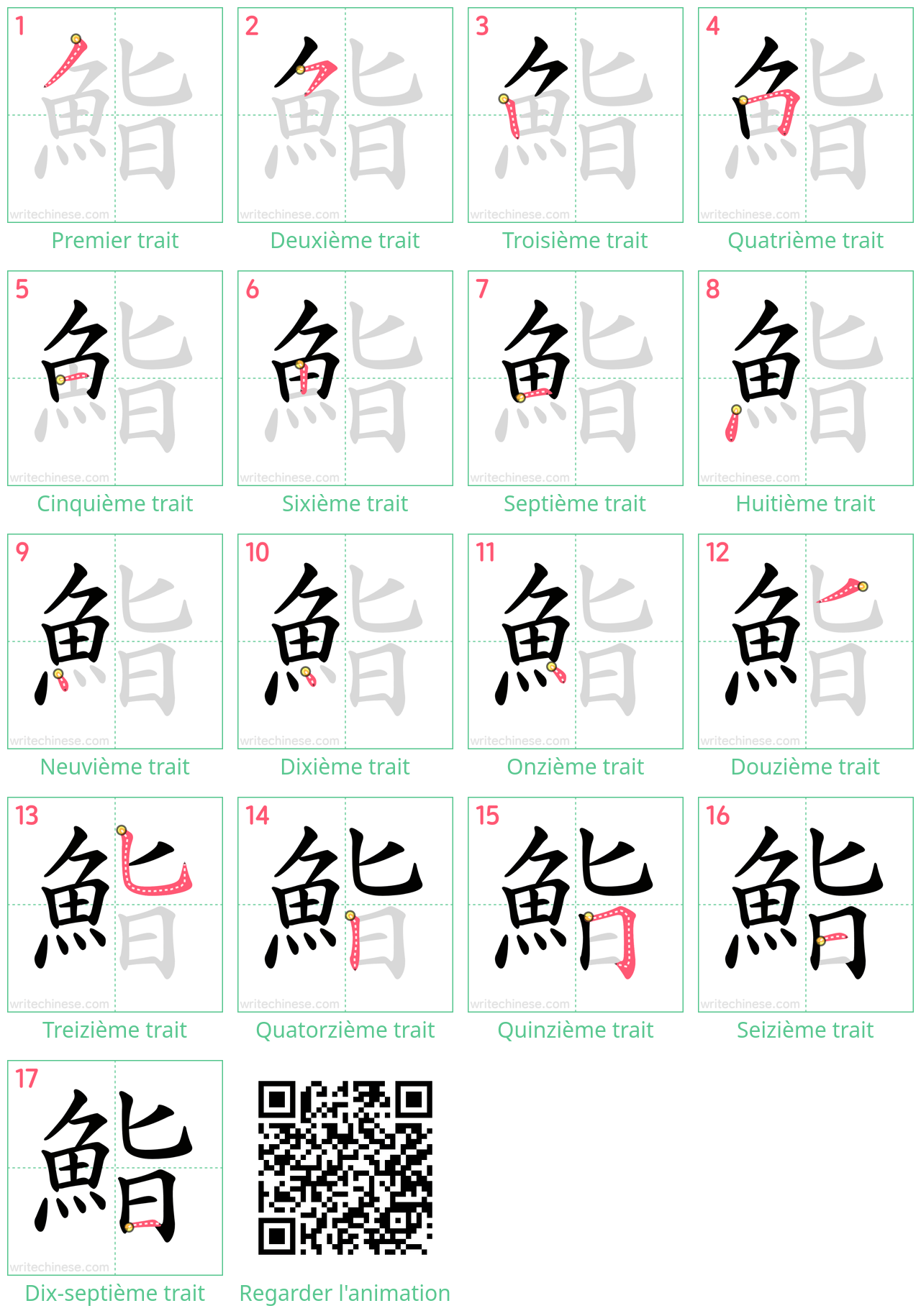 Diagrammes d'ordre des traits étape par étape pour le caractère 鮨