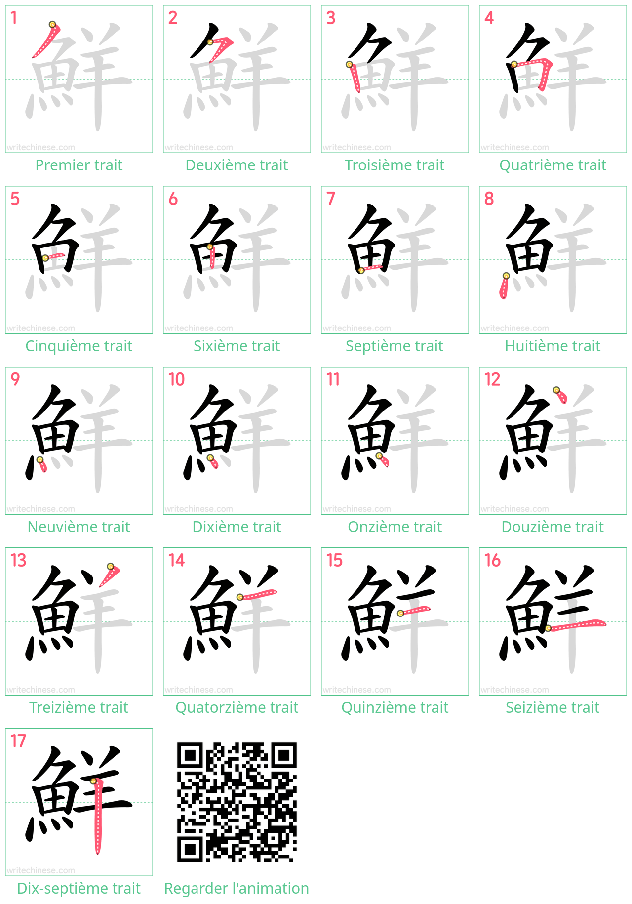 Diagrammes d'ordre des traits étape par étape pour le caractère 鮮