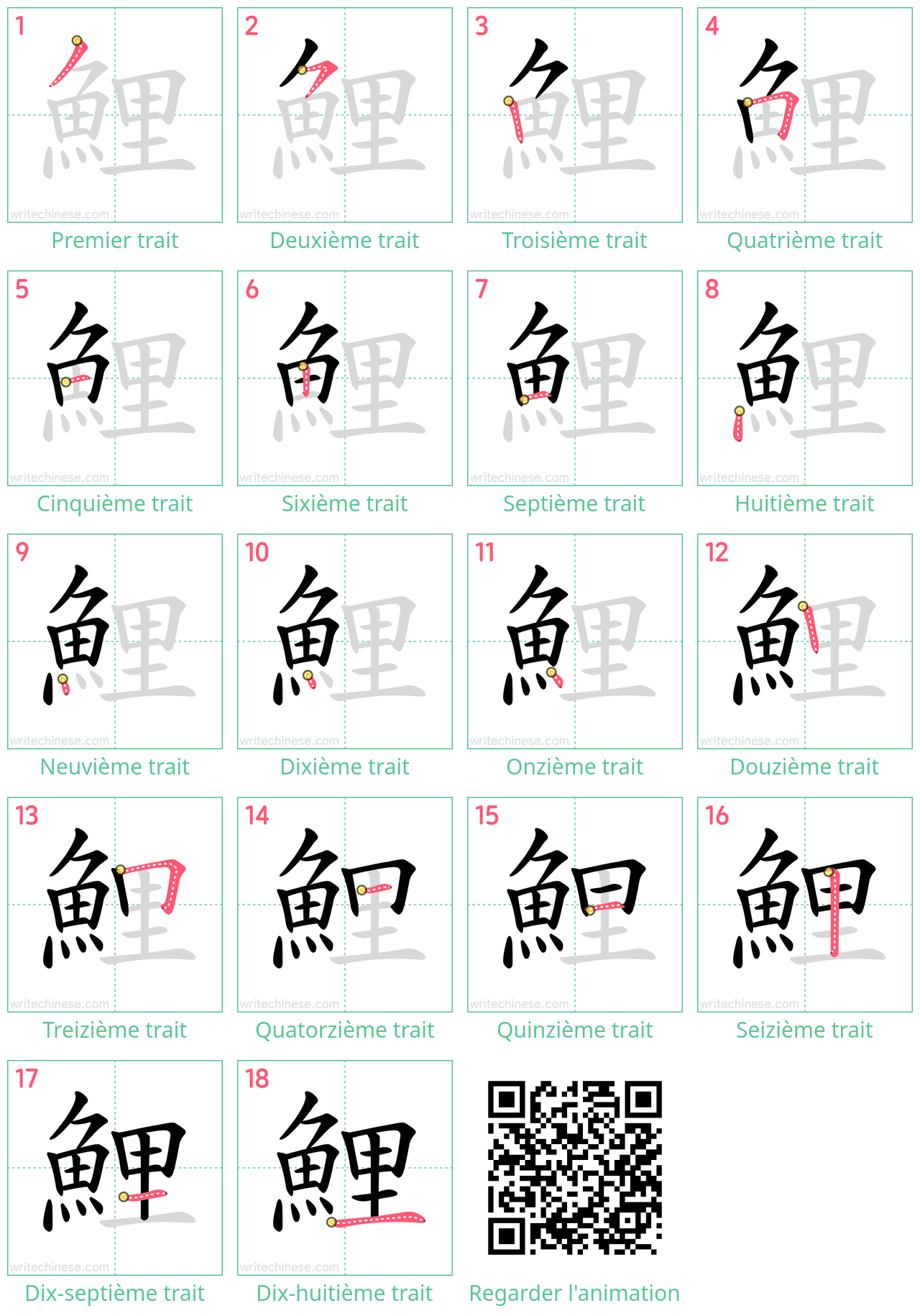 Diagrammes d'ordre des traits étape par étape pour le caractère 鯉