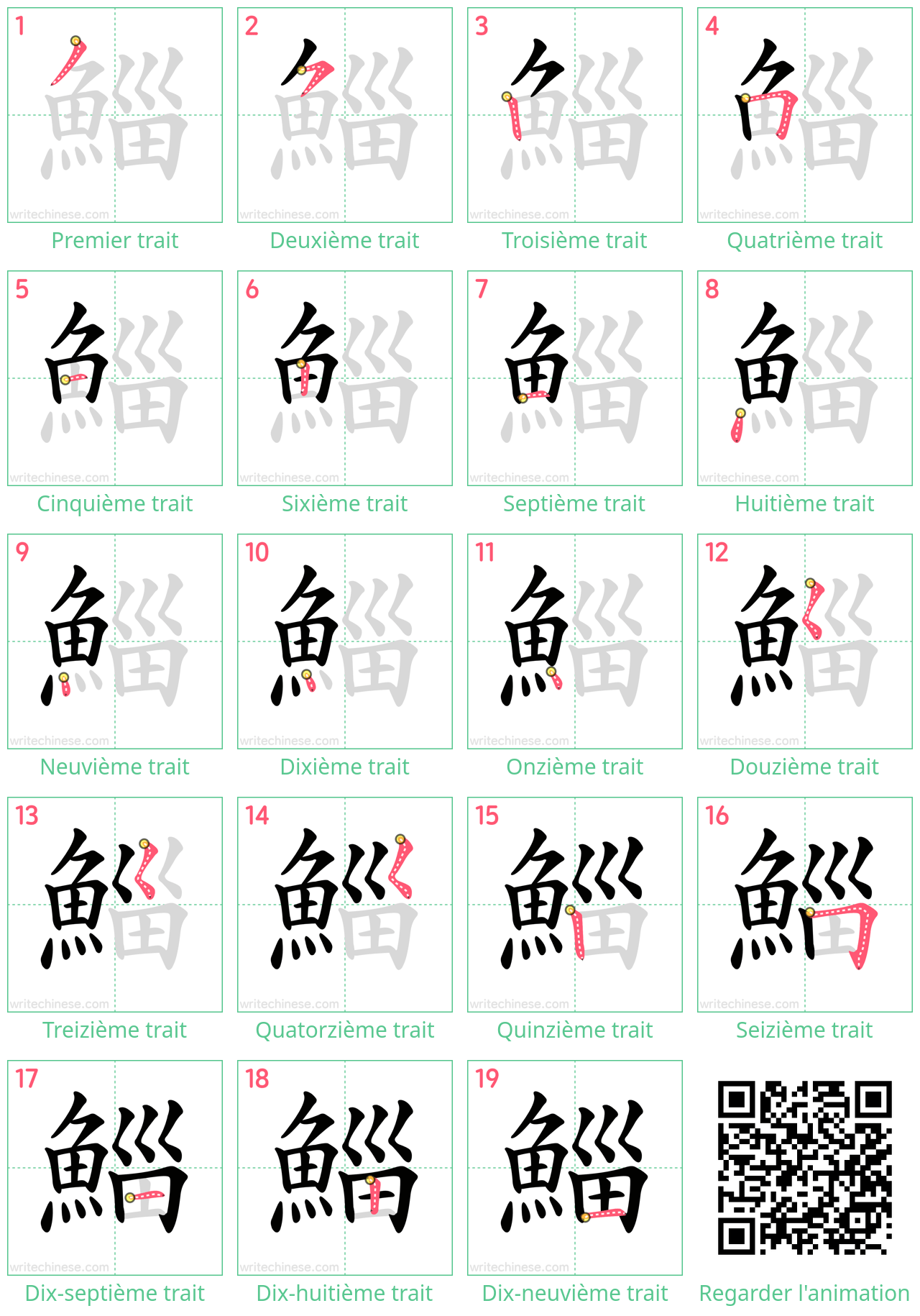 Diagrammes d'ordre des traits étape par étape pour le caractère 鯔