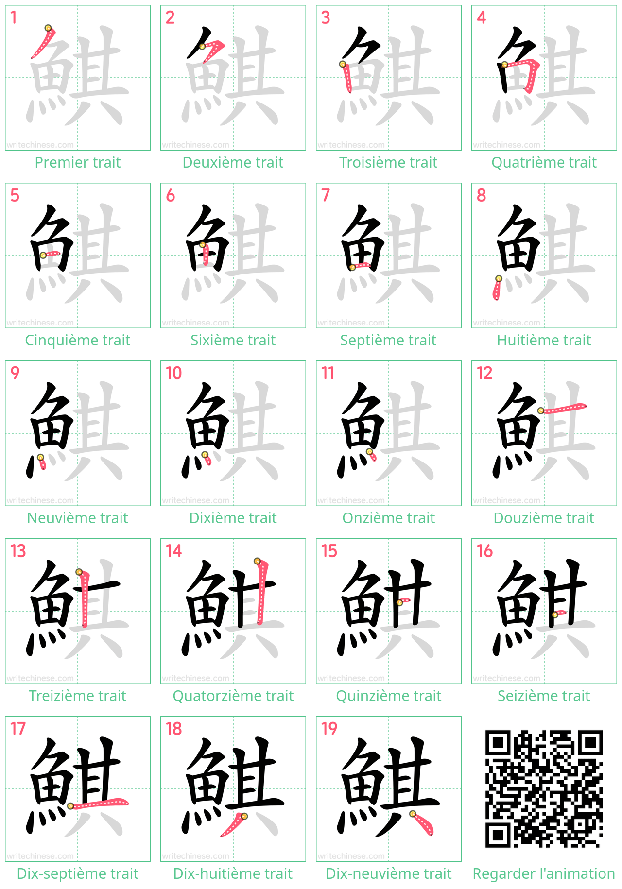 Diagrammes d'ordre des traits étape par étape pour le caractère 鯕