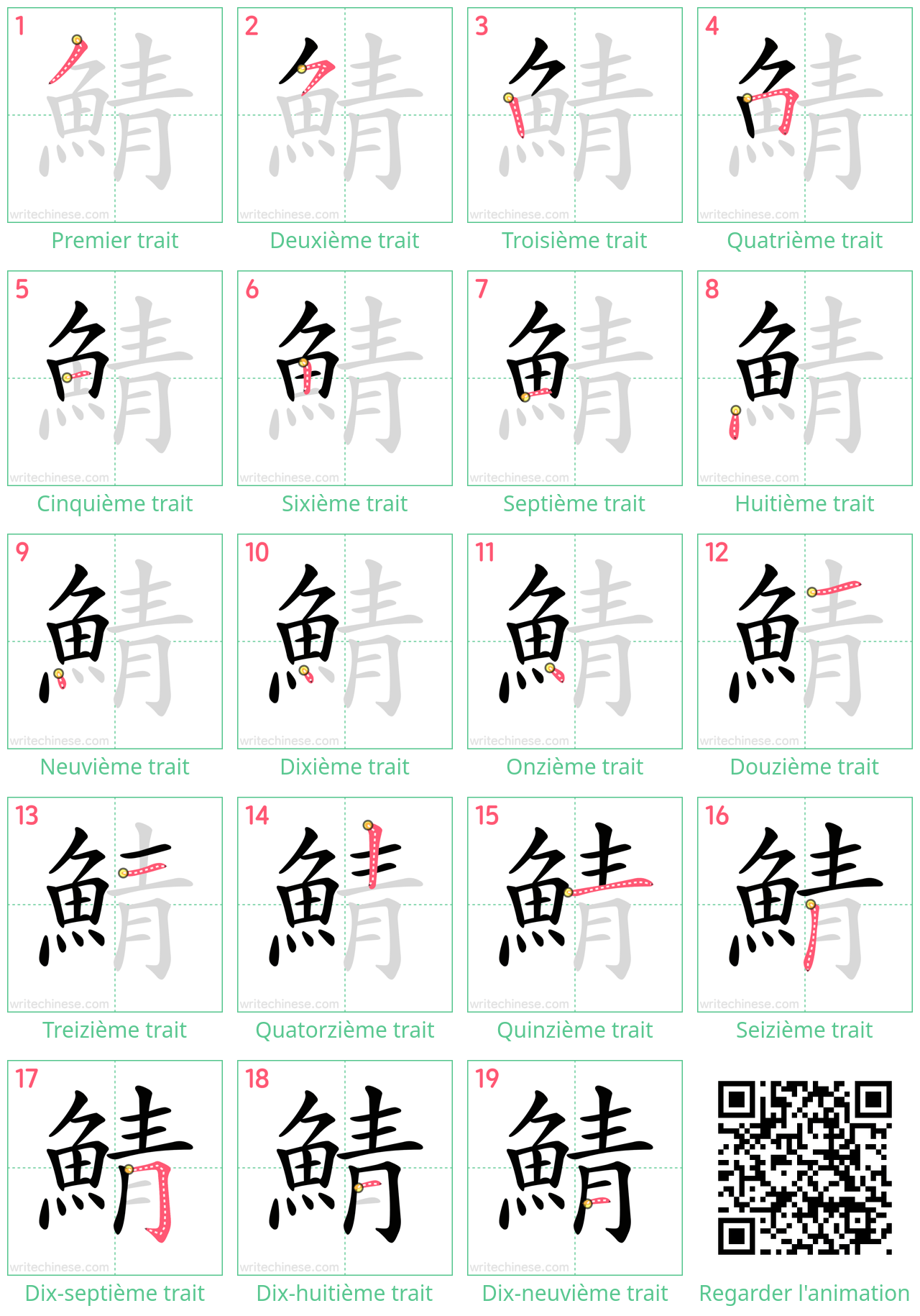 Diagrammes d'ordre des traits étape par étape pour le caractère 鯖