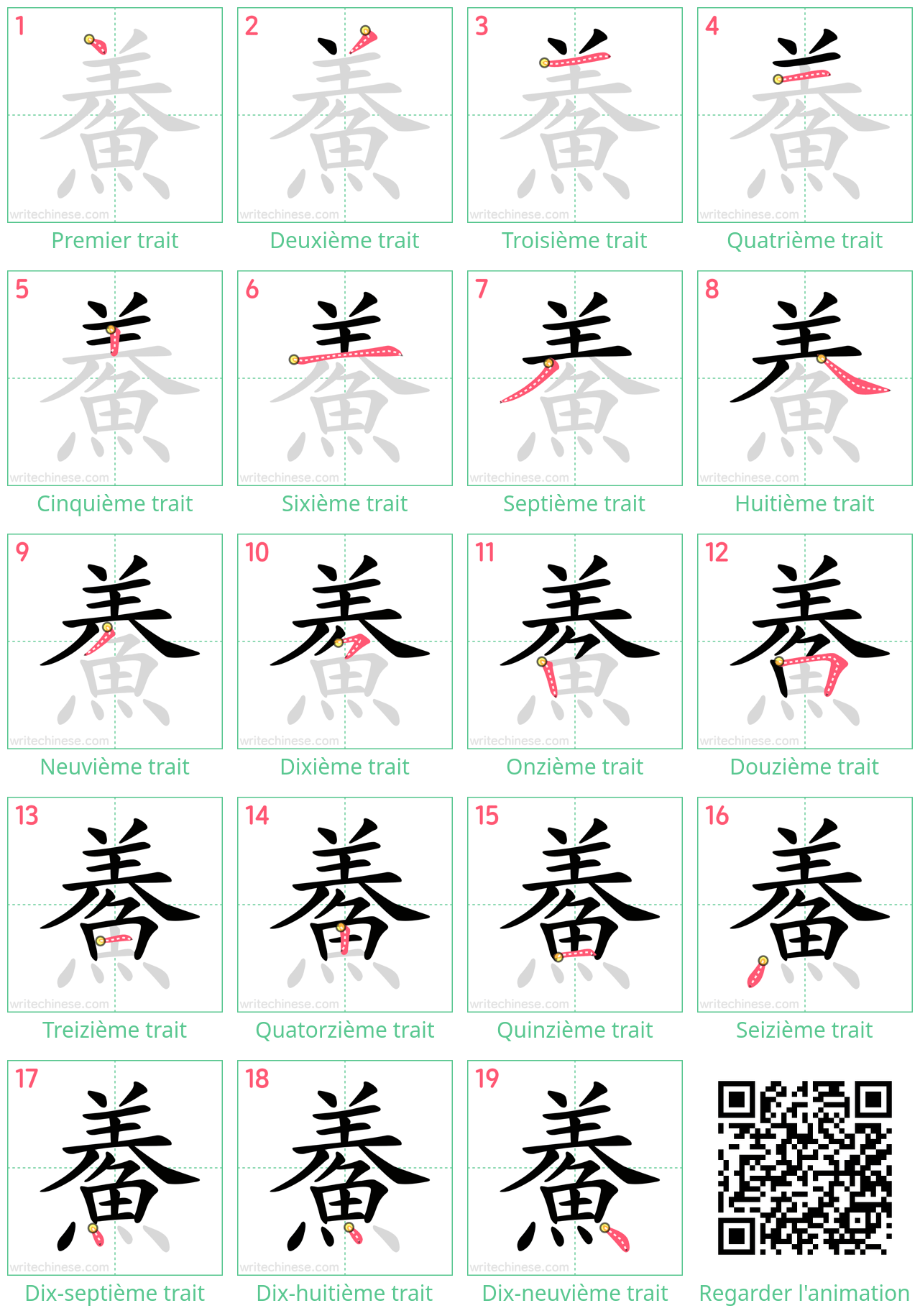 Diagrammes d'ordre des traits étape par étape pour le caractère 鯗