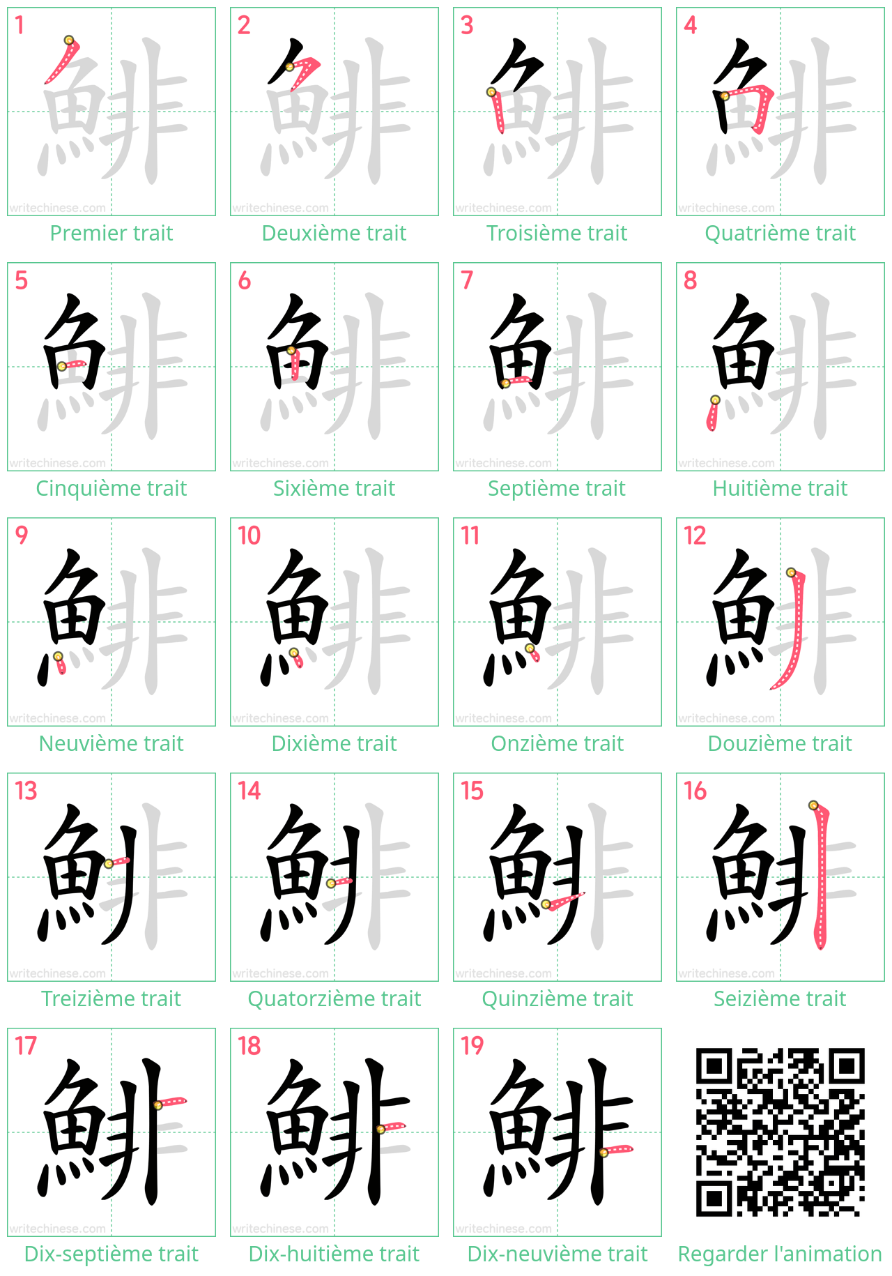 Diagrammes d'ordre des traits étape par étape pour le caractère 鯡