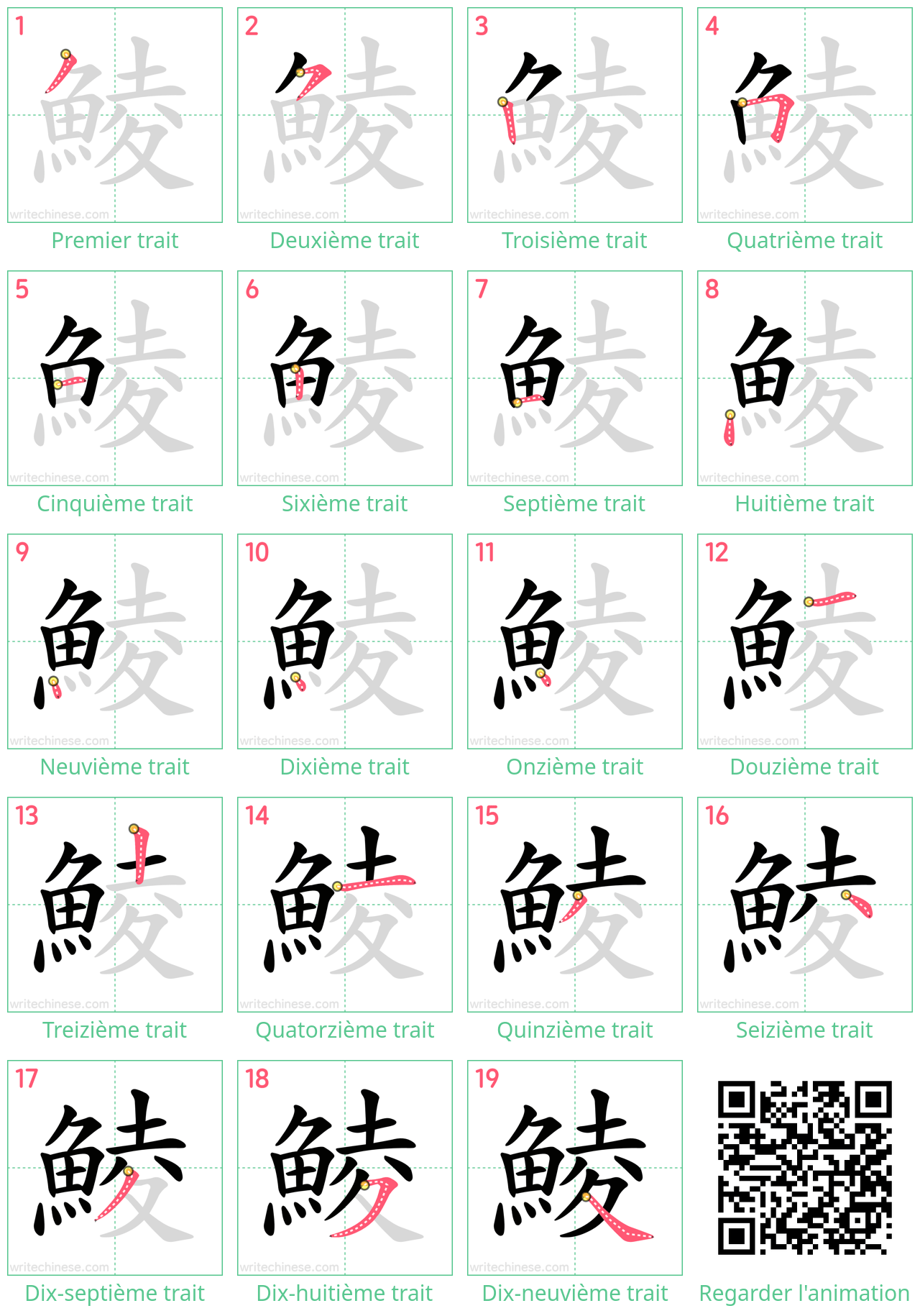 Diagrammes d'ordre des traits étape par étape pour le caractère 鯪