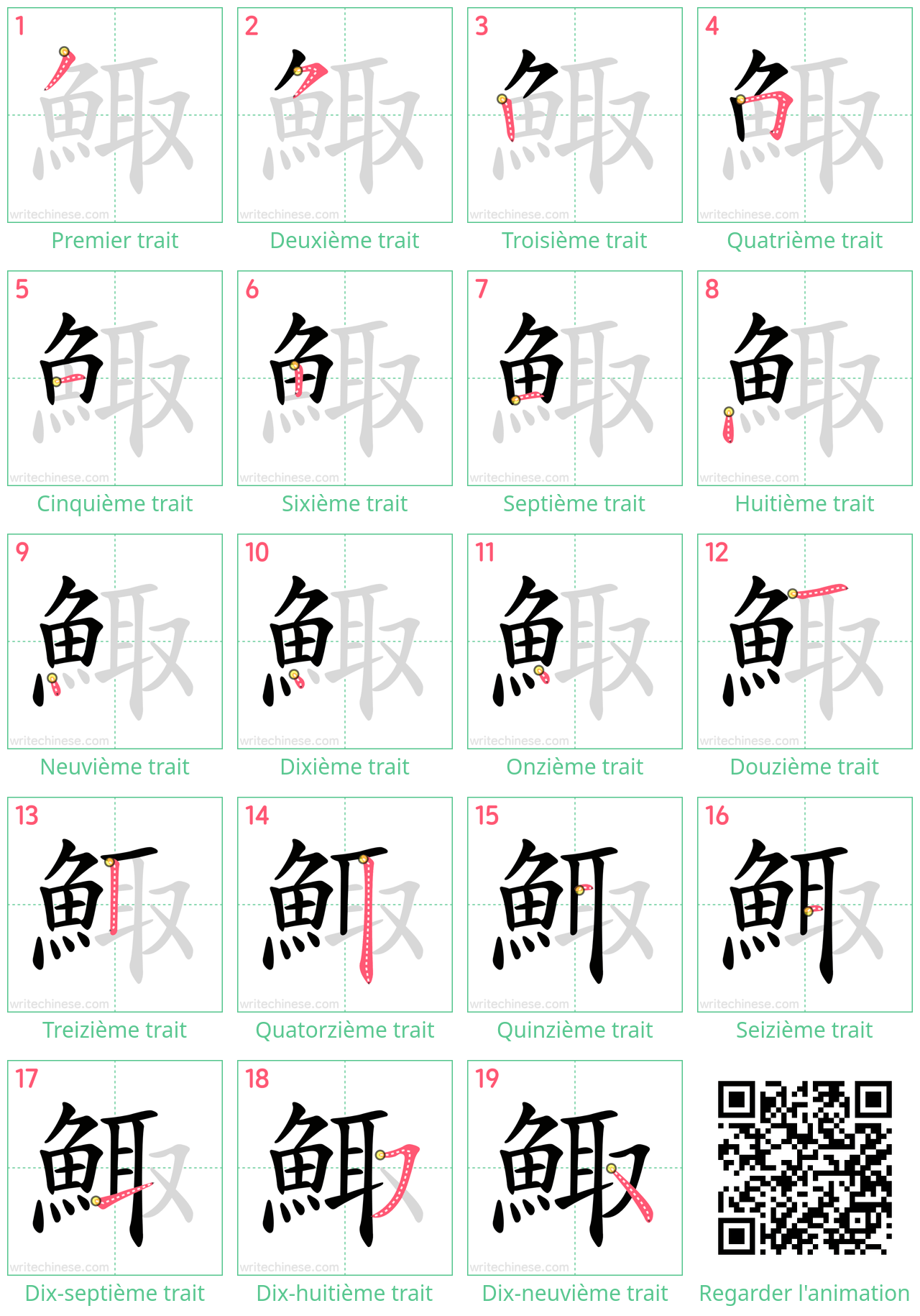 Diagrammes d'ordre des traits étape par étape pour le caractère 鯫