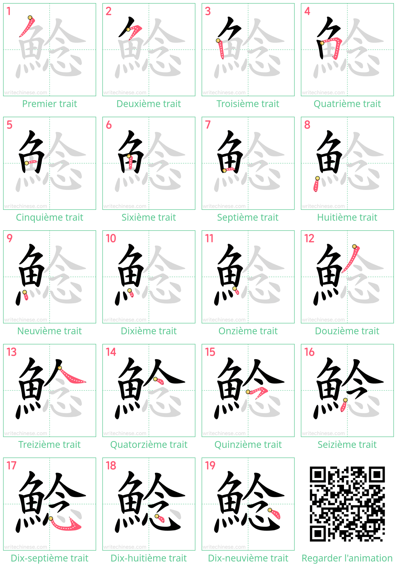 Diagrammes d'ordre des traits étape par étape pour le caractère 鯰