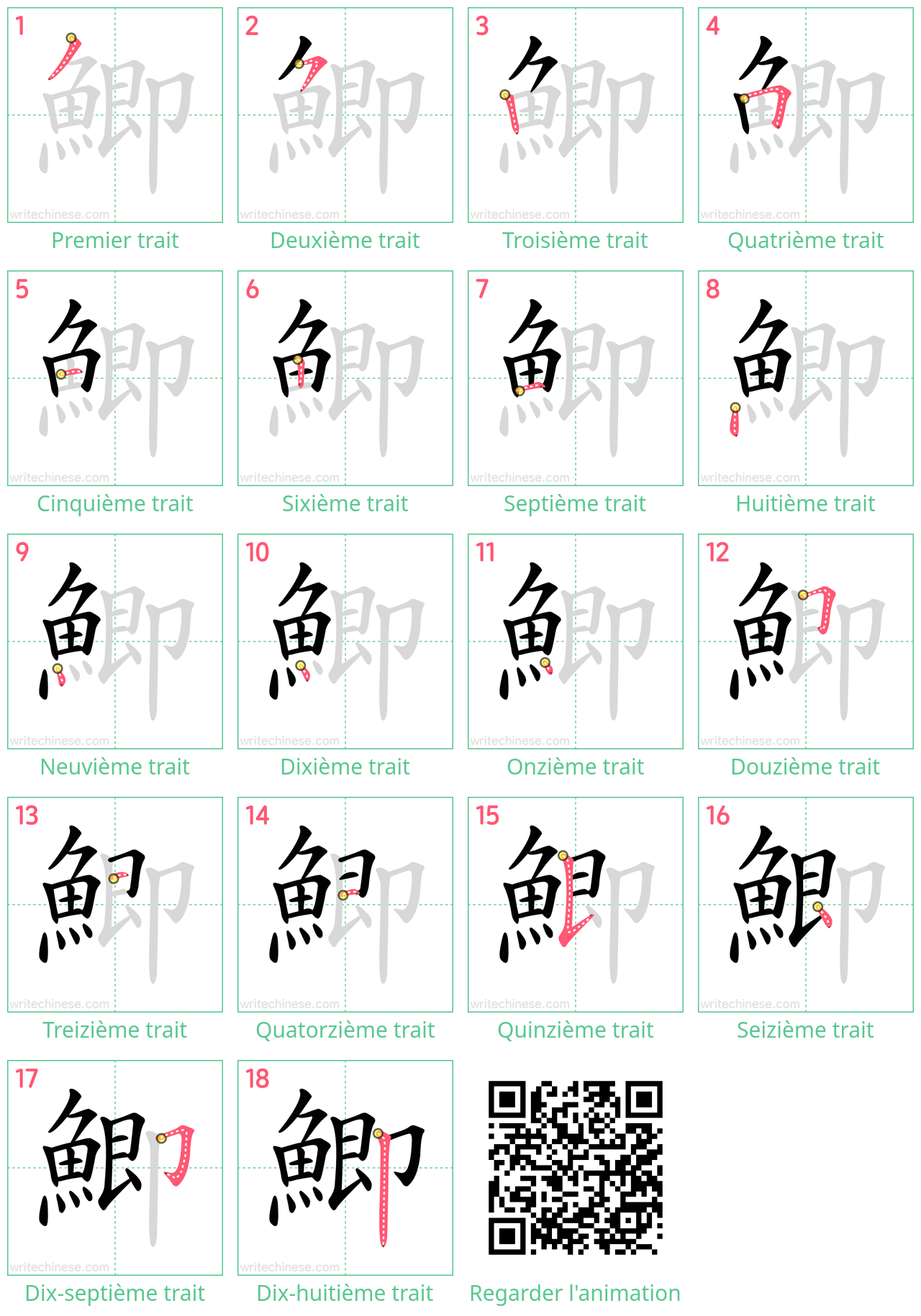 Diagrammes d'ordre des traits étape par étape pour le caractère 鯽