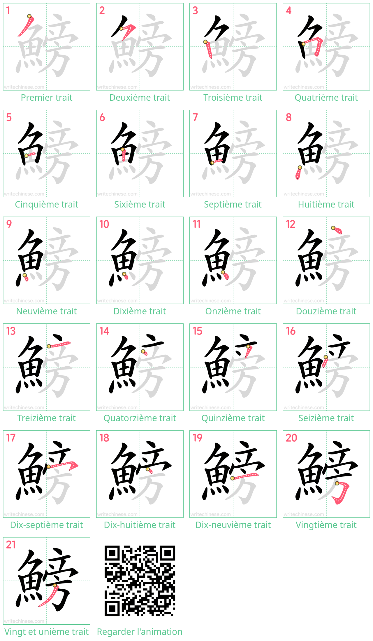 Diagrammes d'ordre des traits étape par étape pour le caractère 鰟