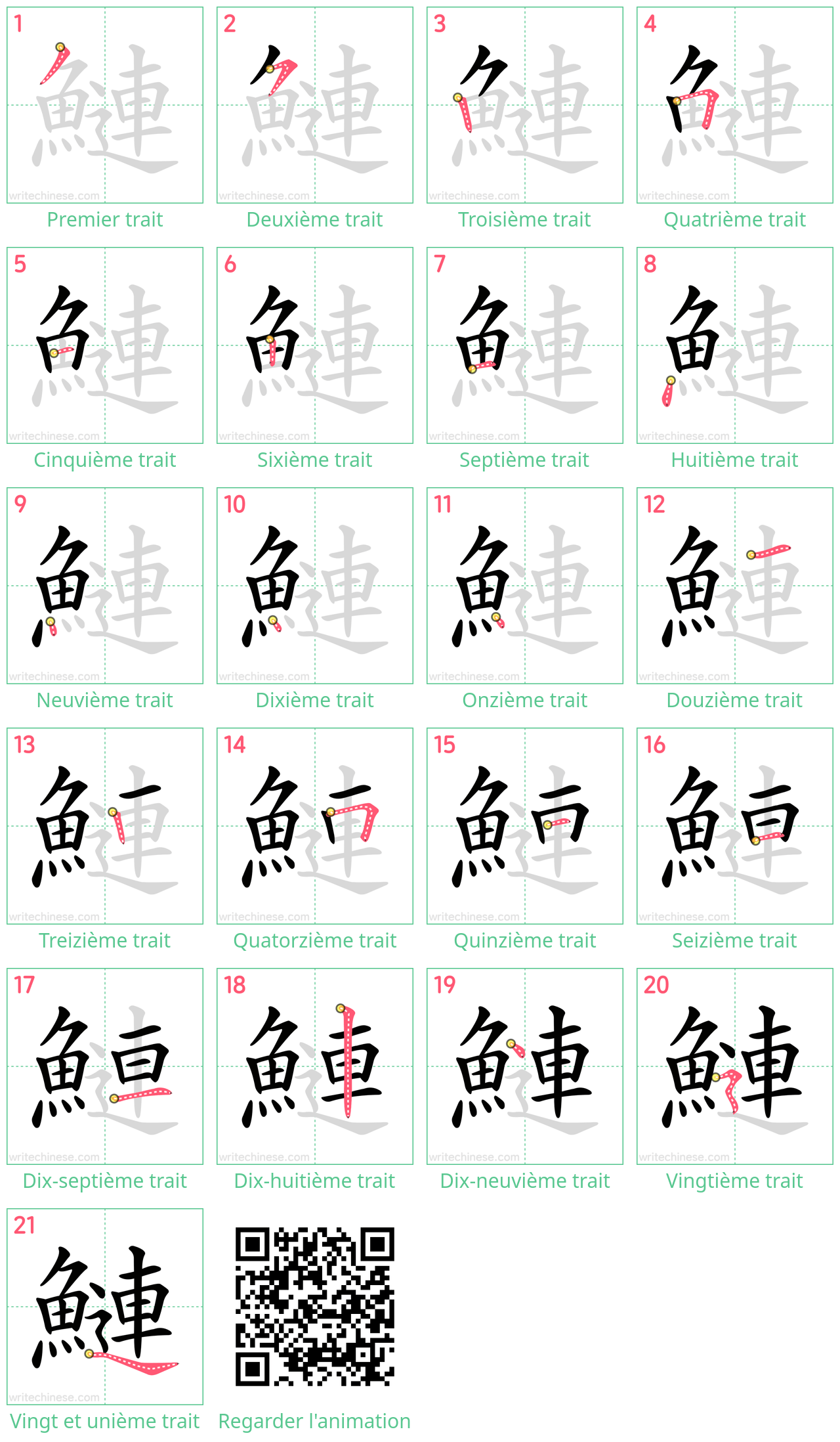 Diagrammes d'ordre des traits étape par étape pour le caractère 鰱