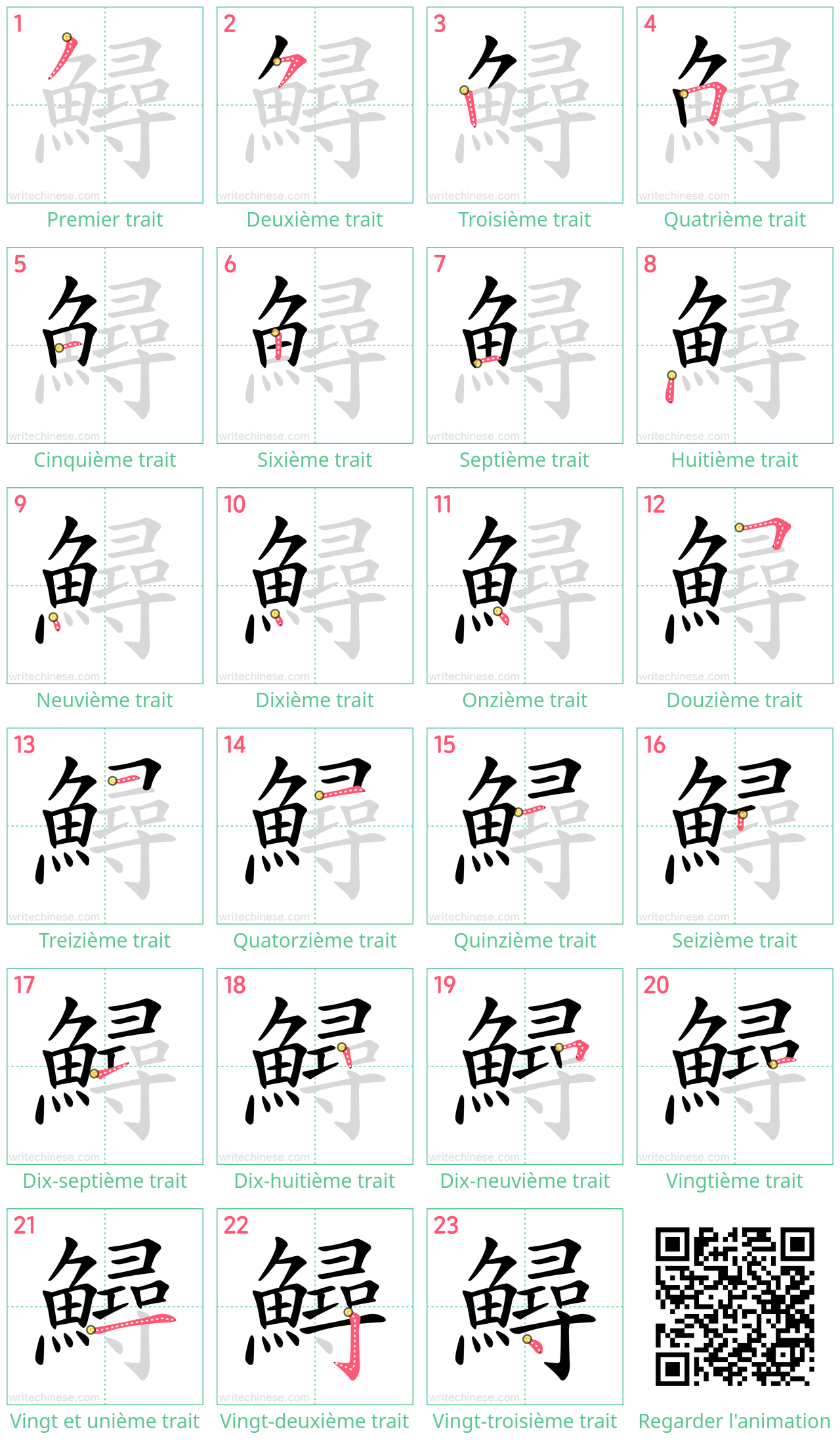 Diagrammes d'ordre des traits étape par étape pour le caractère 鱘