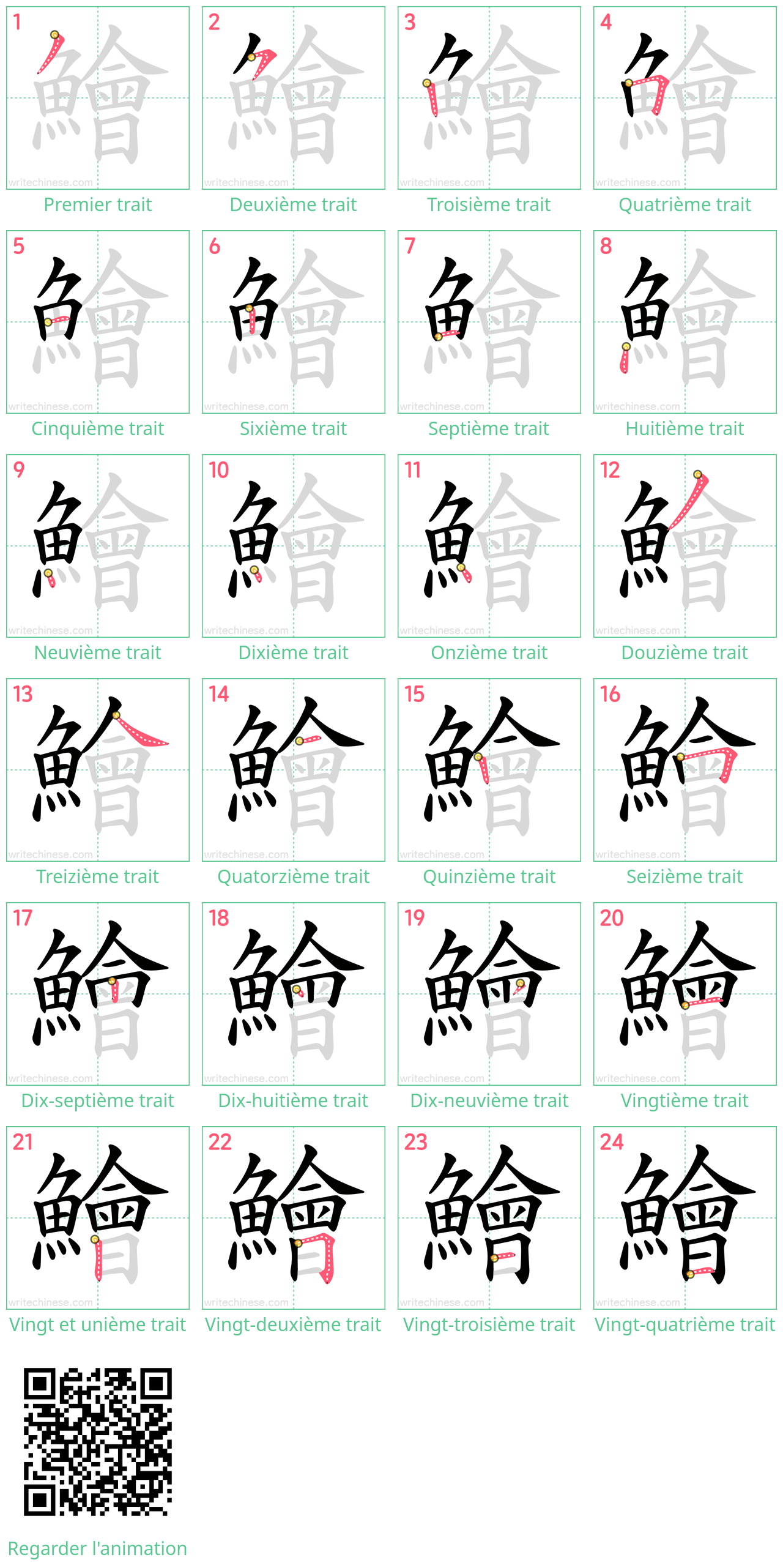 Diagrammes d'ordre des traits étape par étape pour le caractère 鱠