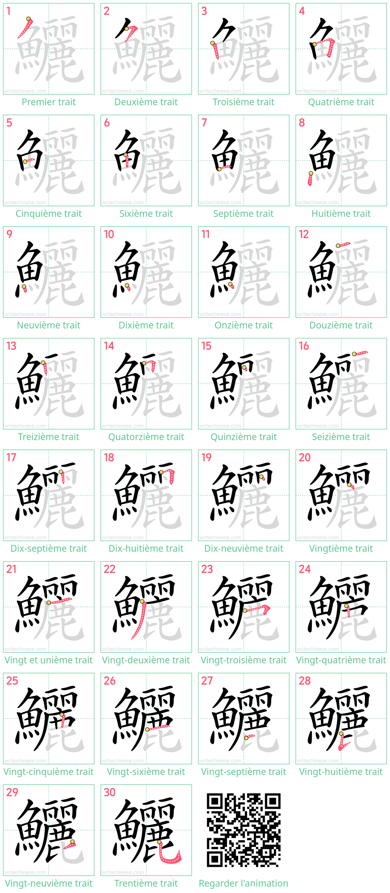 Diagrammes d'ordre des traits étape par étape pour le caractère 鱺