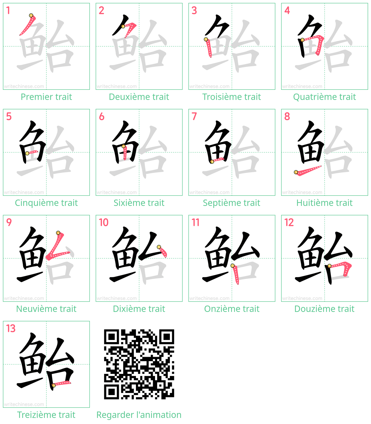 Diagrammes d'ordre des traits étape par étape pour le caractère 鲐